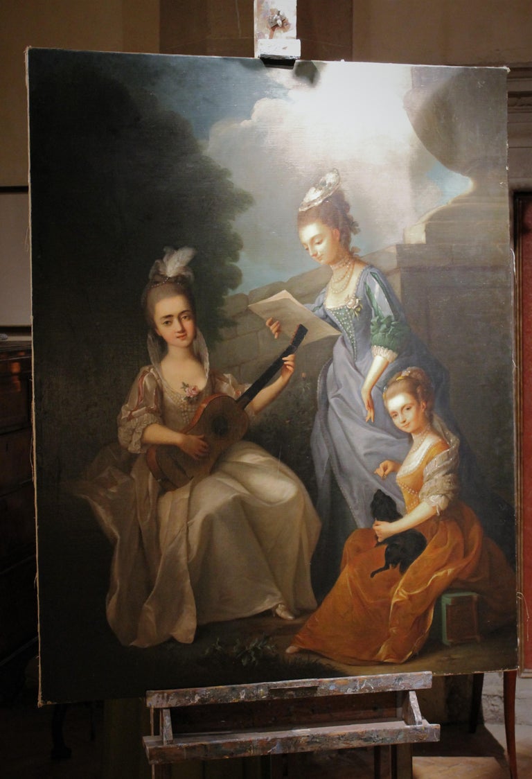 Italian Rococo Oil on Canvas Portrait Painting Young Ladies in Garden Landscape For Sale 2