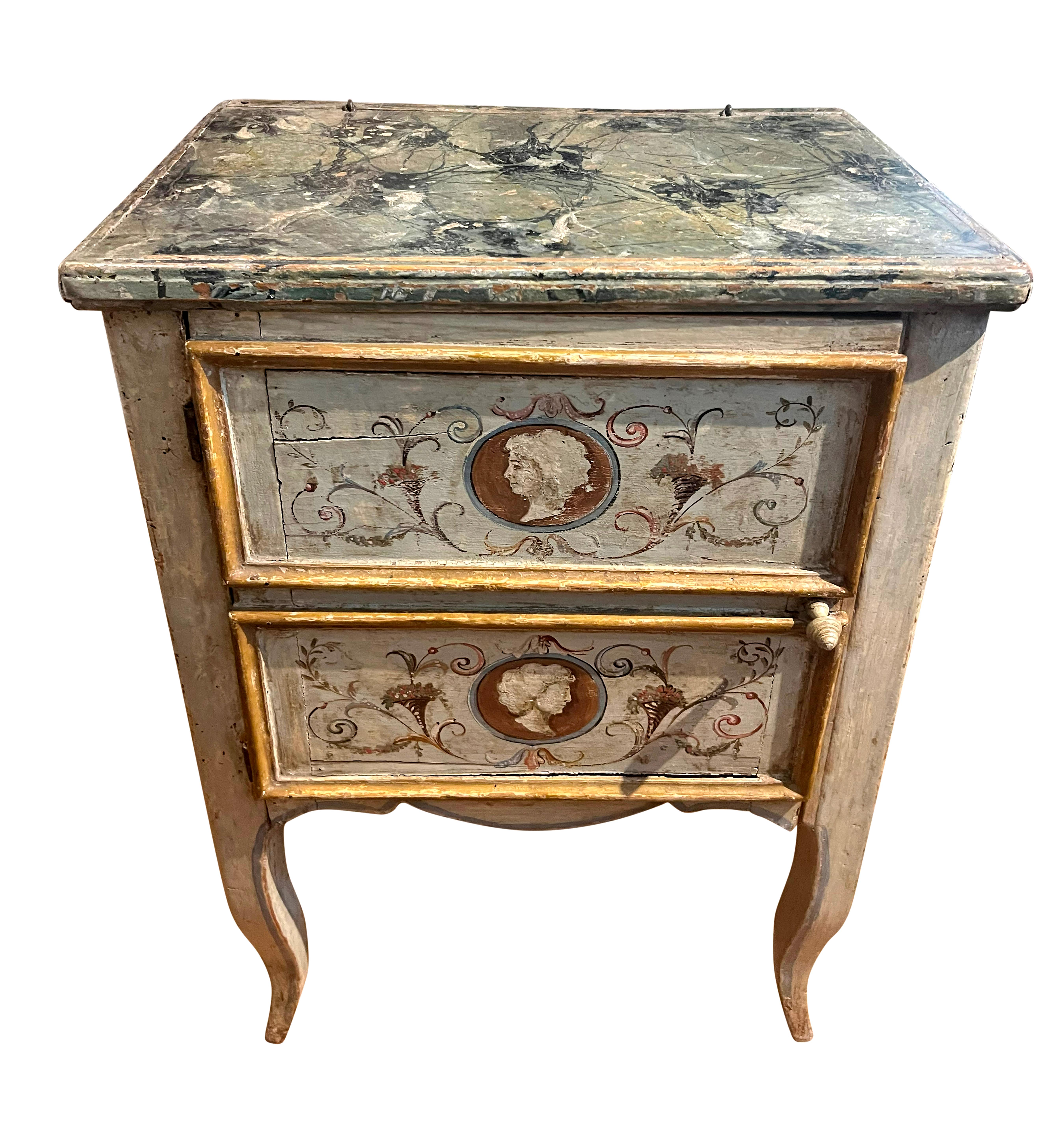 With rectangular faux marble top over a door with enclosed shelf, raised on cabriole legs. Original painted decoration.