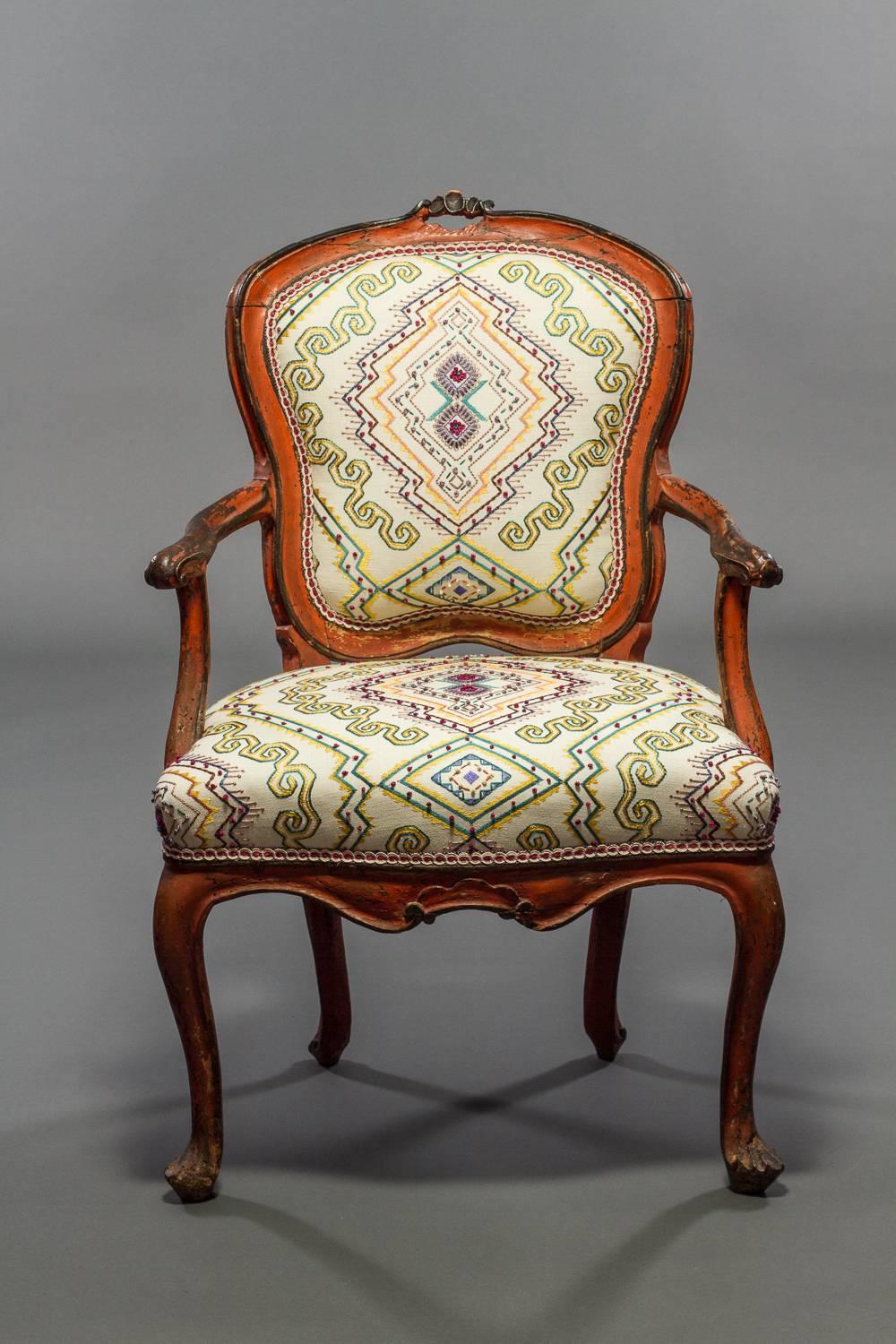 Reupholstered with custom embroidered fabric.  Provenance: sold Sotheby's, early 20th century, The Estate of Charles Ryskamp. From an estate in Corning, NY.