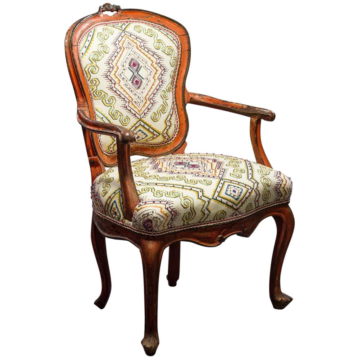 18th Century Italian Rococo Painted Fauteuil en Cabriolet