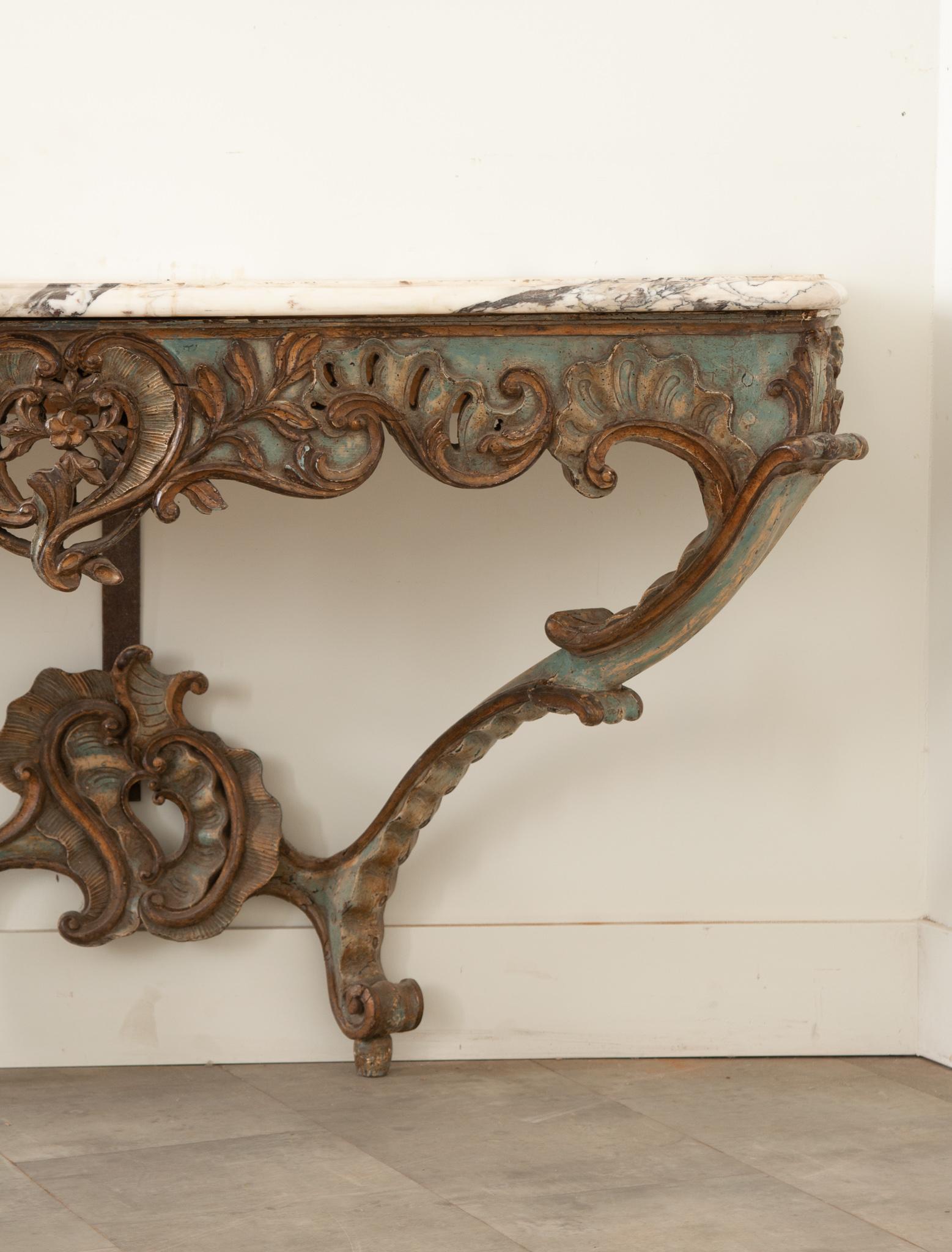 Italian Rococo Painted & Marble Console In Good Condition For Sale In Baton Rouge, LA