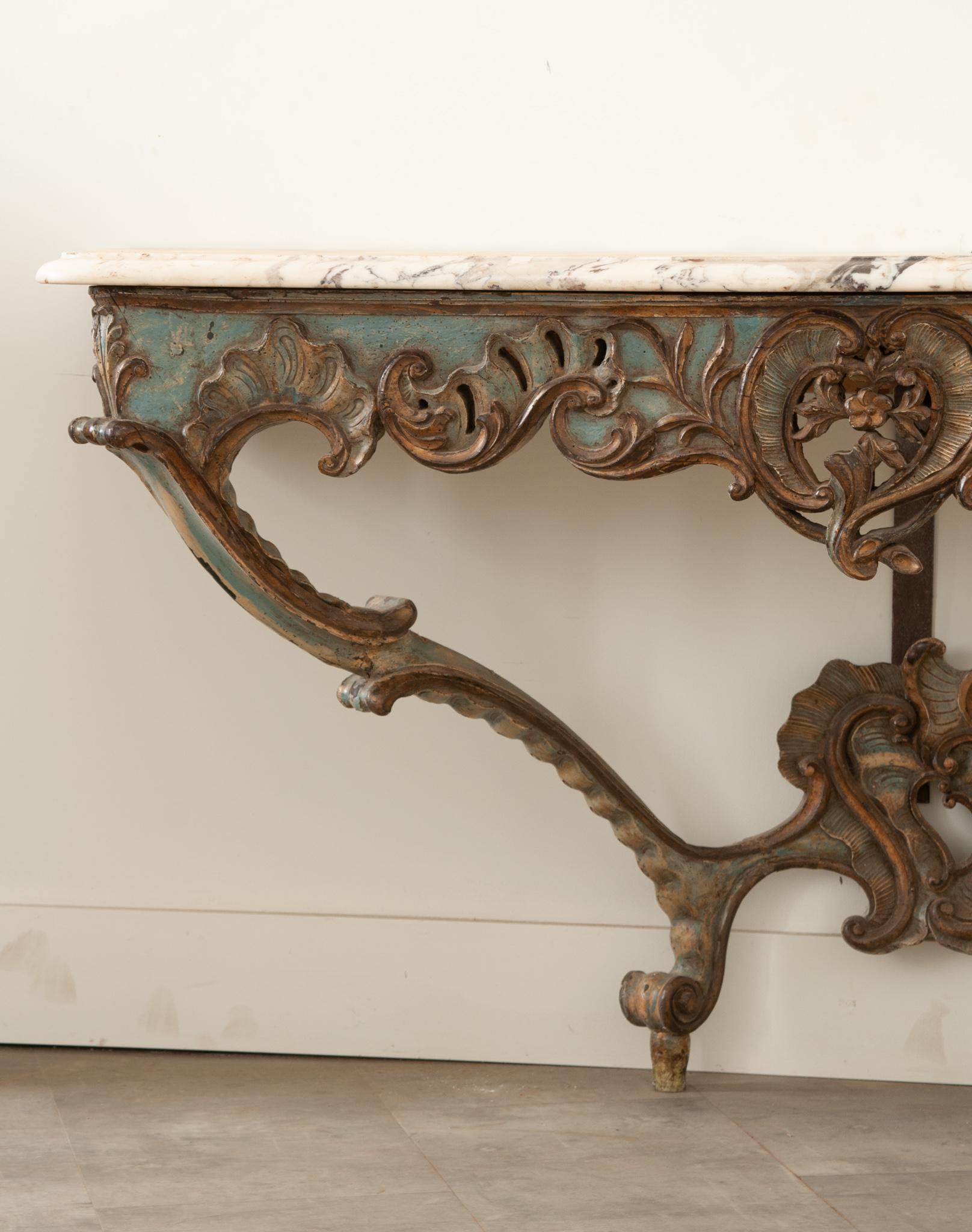 19th Century Italian Rococo Painted & Marble Console For Sale