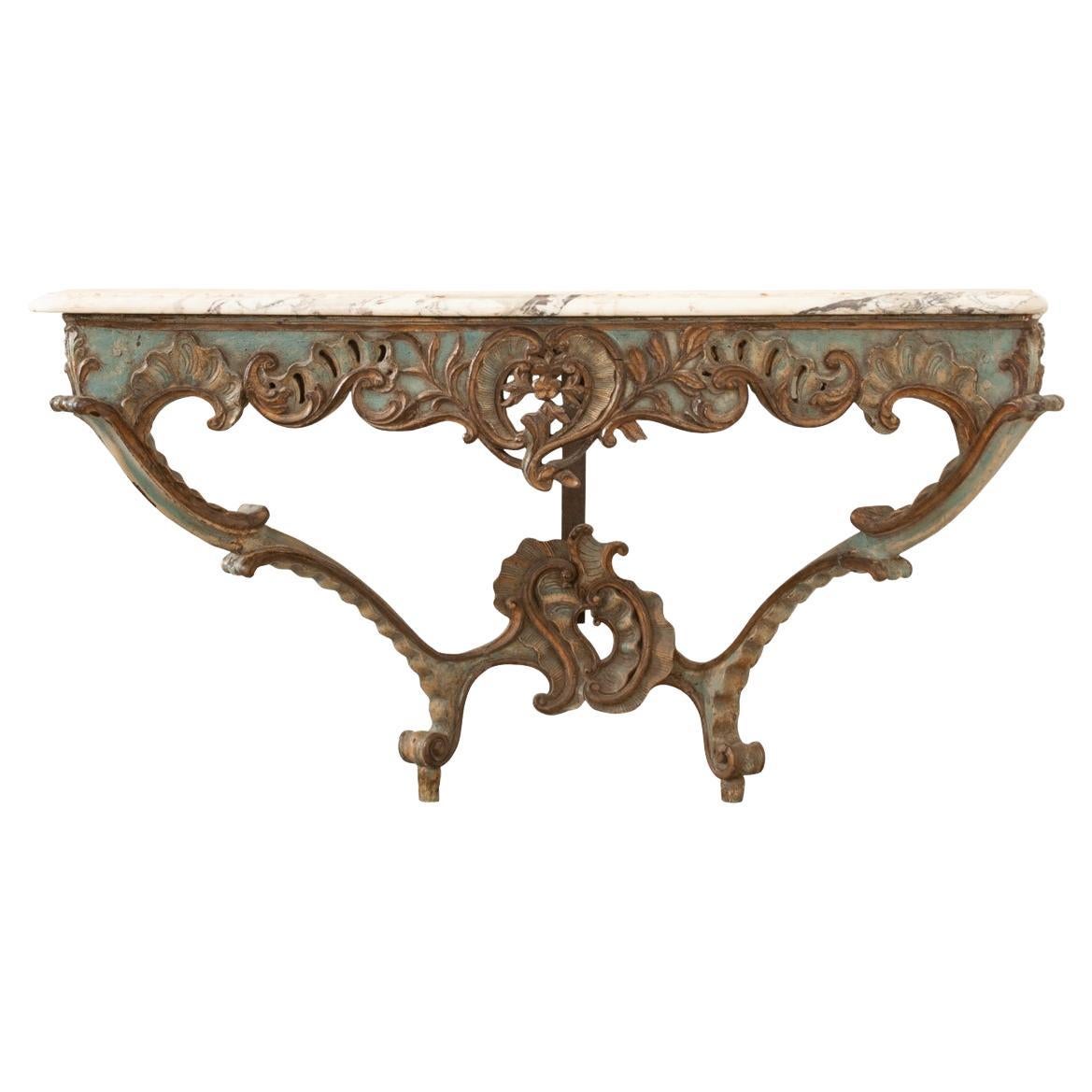 Console italienne rococo peinte et en marbre