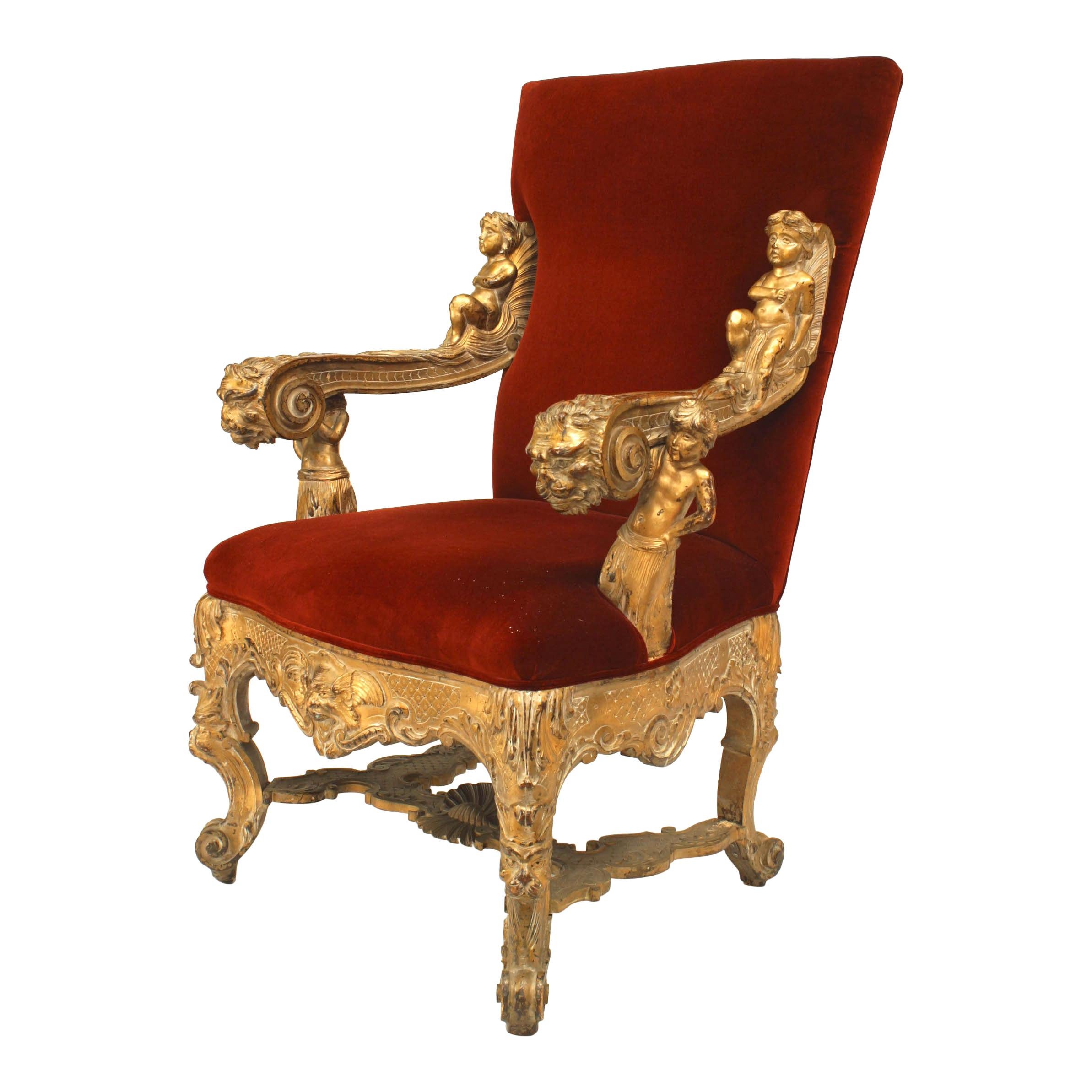 Italian Rococo Red Velvet Throne Chair