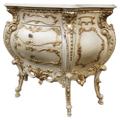 Italian Rococo Revival Bombe Commode with Gilded Details and Marbled Glass Top