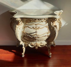 Italian Rococo Revival Bombe Commode with Gilded Details and Marbled Glass Top