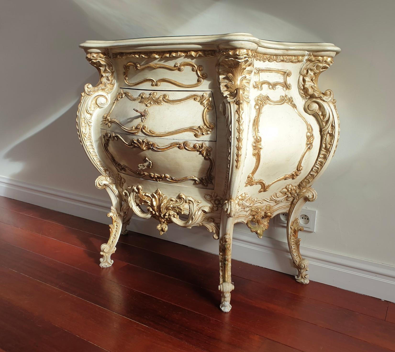 20th Century Italian Rococo Revival Bombe Commode with Gilded Details and Marbled Glass Top For Sale
