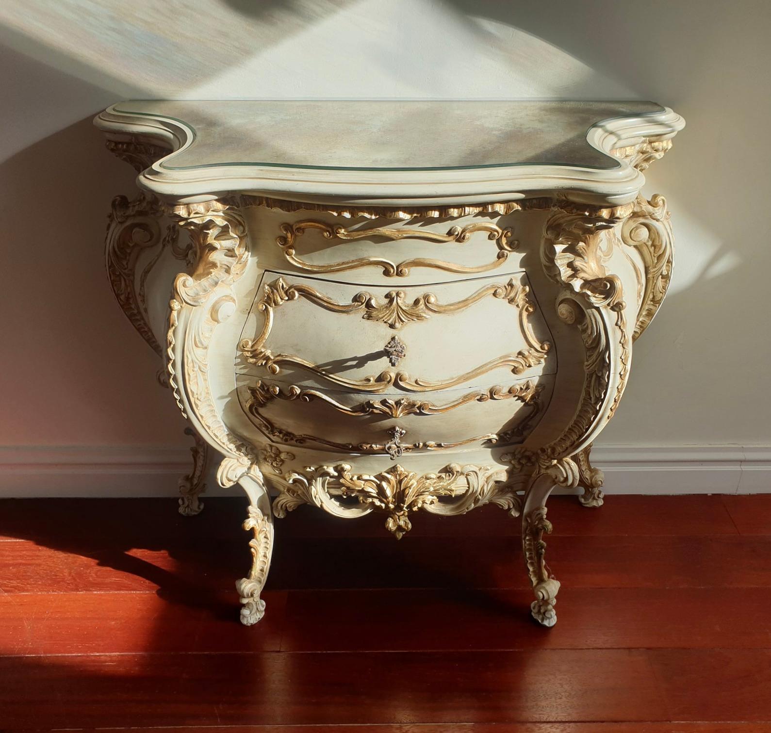Wood Italian Rococo Revival Bombe Commode with Gilded Details and Marbled Glass Top For Sale