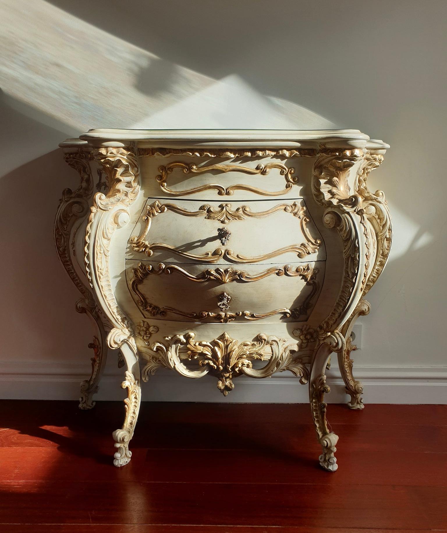 Italian Rococo Revival Bombe Commode with Gilded Details and Marbled Glass Top For Sale 1