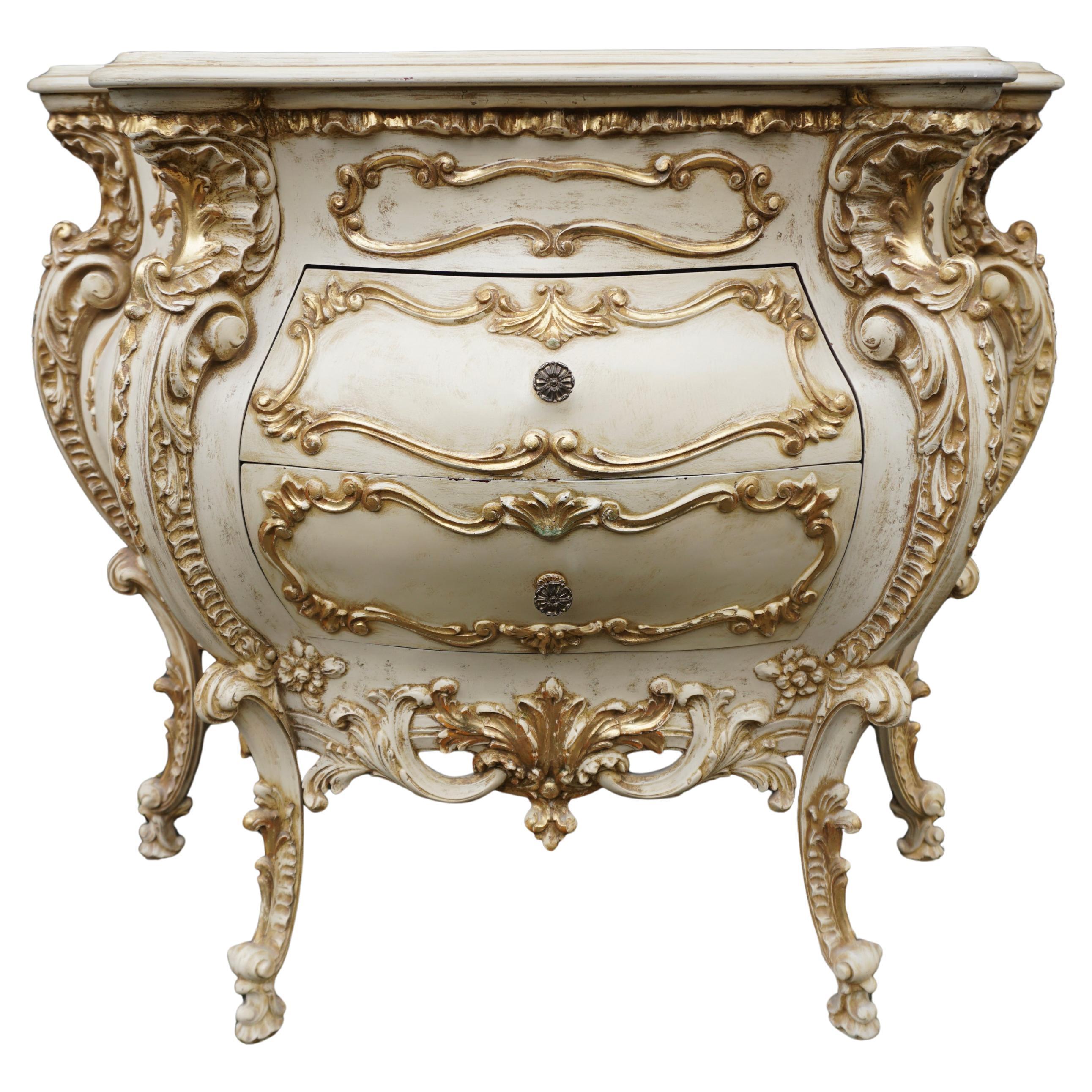 Italian Rococo Revival Bombe Commode with Gilded Details and Marbled Glass Top For Sale