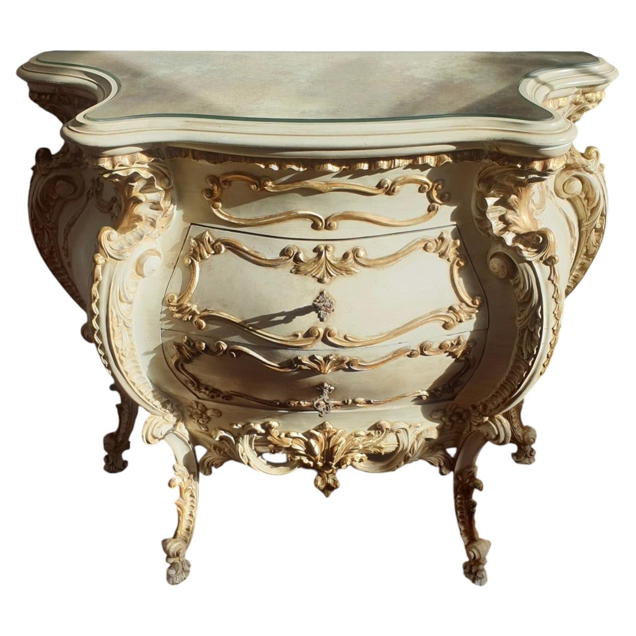 Italian Rococo Revival Bombe Commode with Gilded Details and Marbled Glass Top