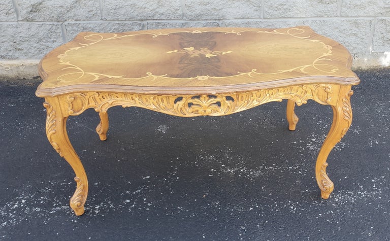 Italian Rococo Revival Marquetry Fruitwood Coffee Table For Sale at 1stDibs