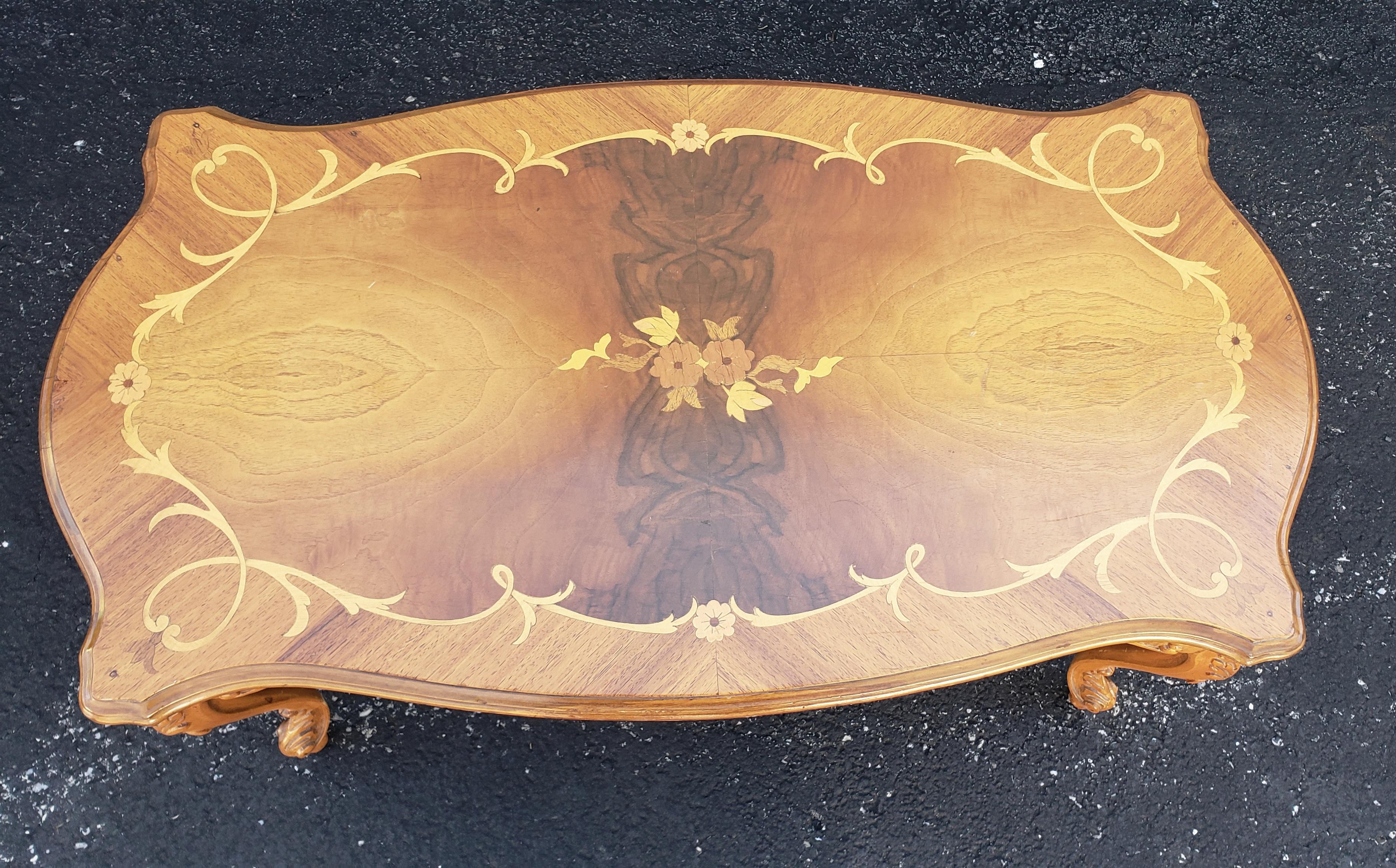 American Italian Rococo Revival Marquetry Fruitwood Coffee Table For Sale