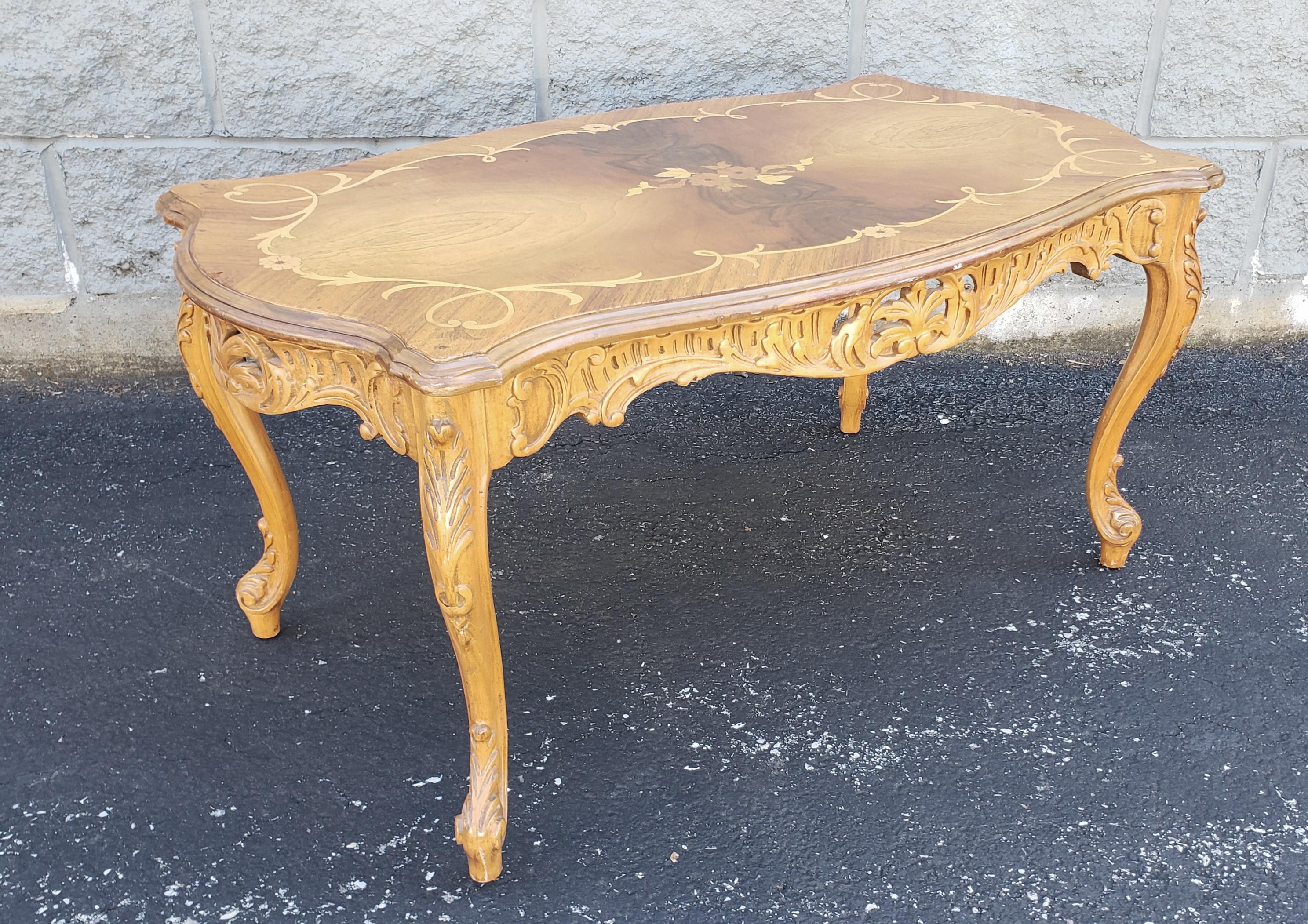 Carved Italian Rococo Revival Marquetry Fruitwood Coffee Table For Sale