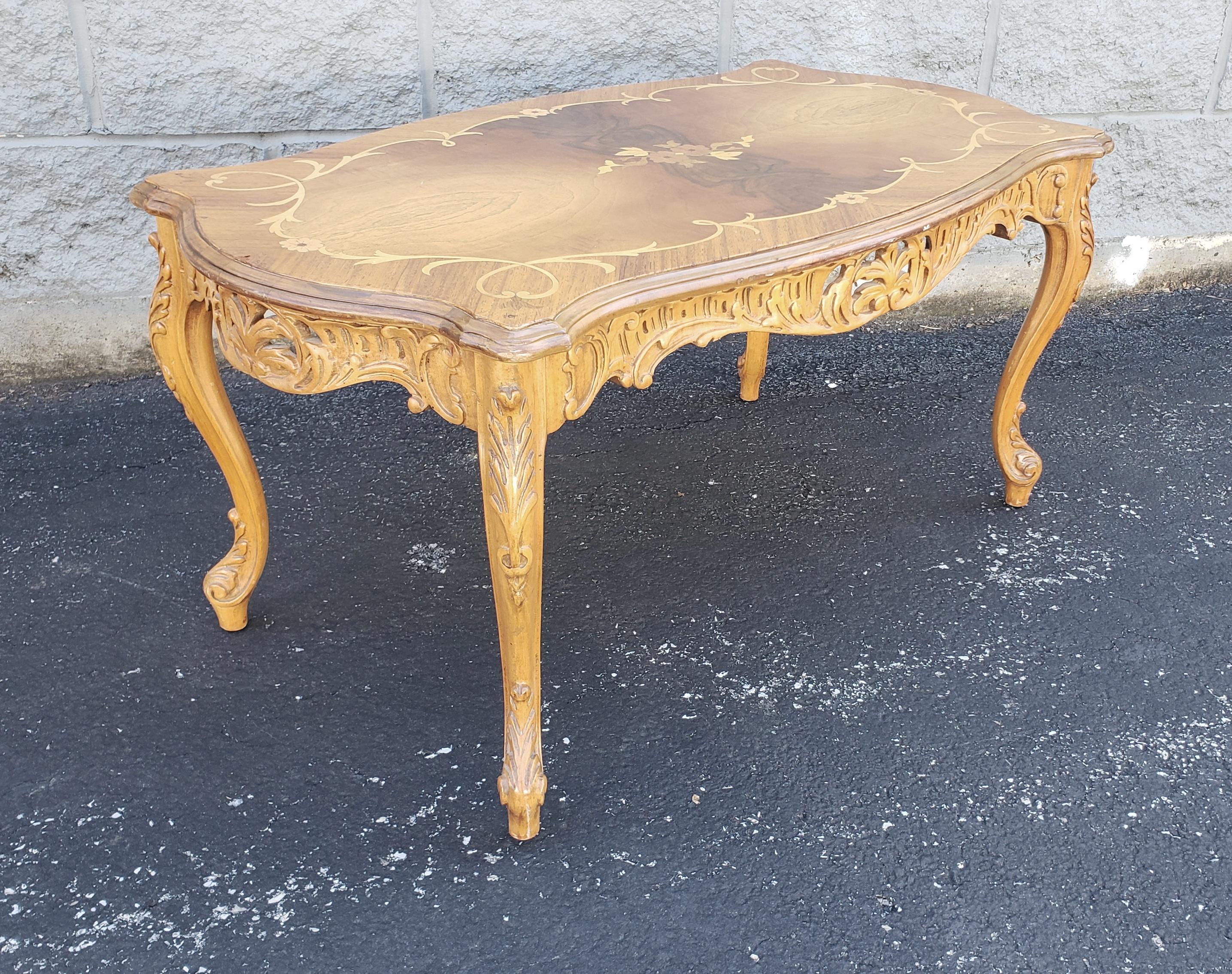 Italian Rococo Revival Marquetry Fruitwood Coffee Table In Good Condition For Sale In Germantown, MD