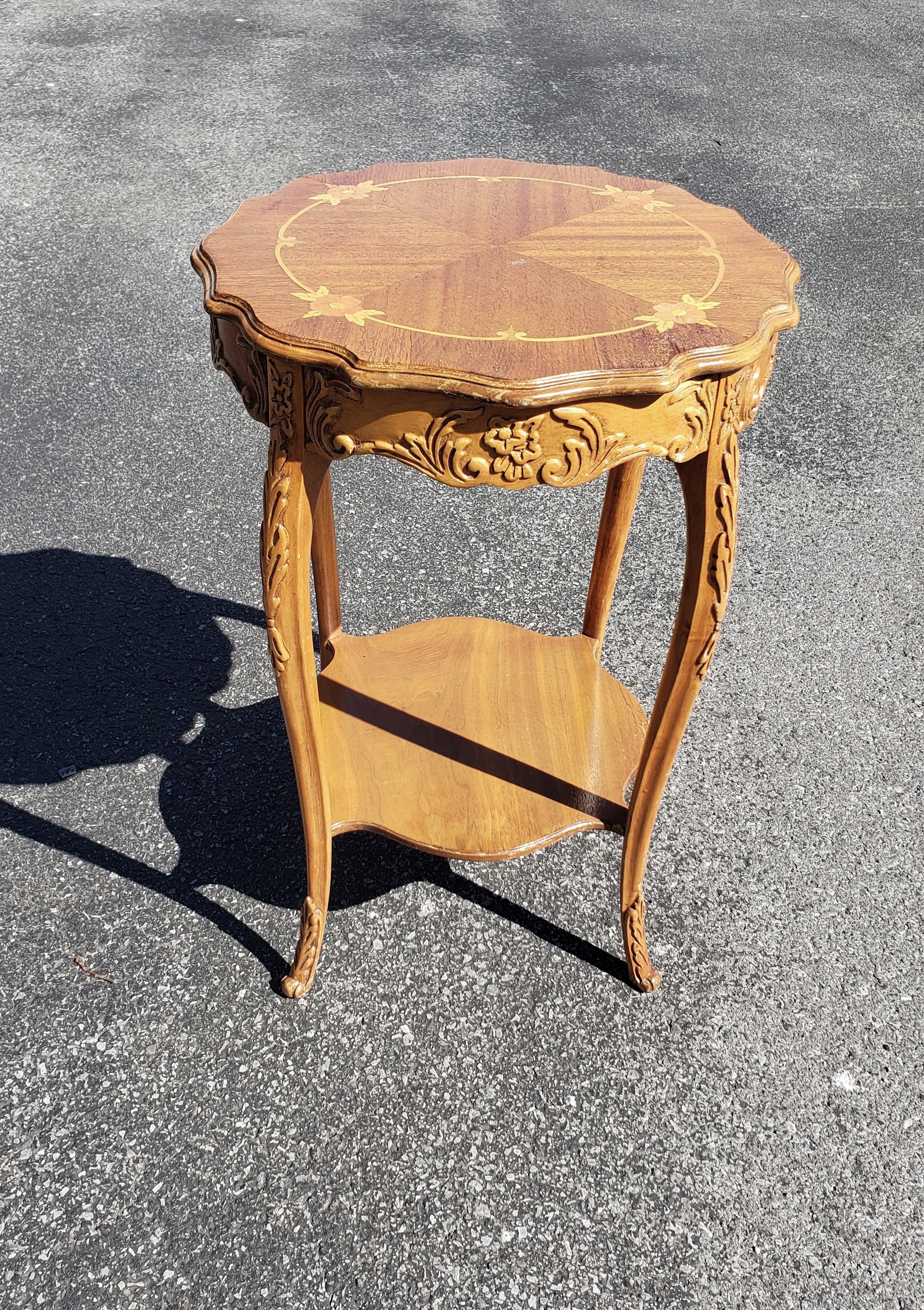 Rococo Revival Marquetry fruitwood side table. Measures 18.25
