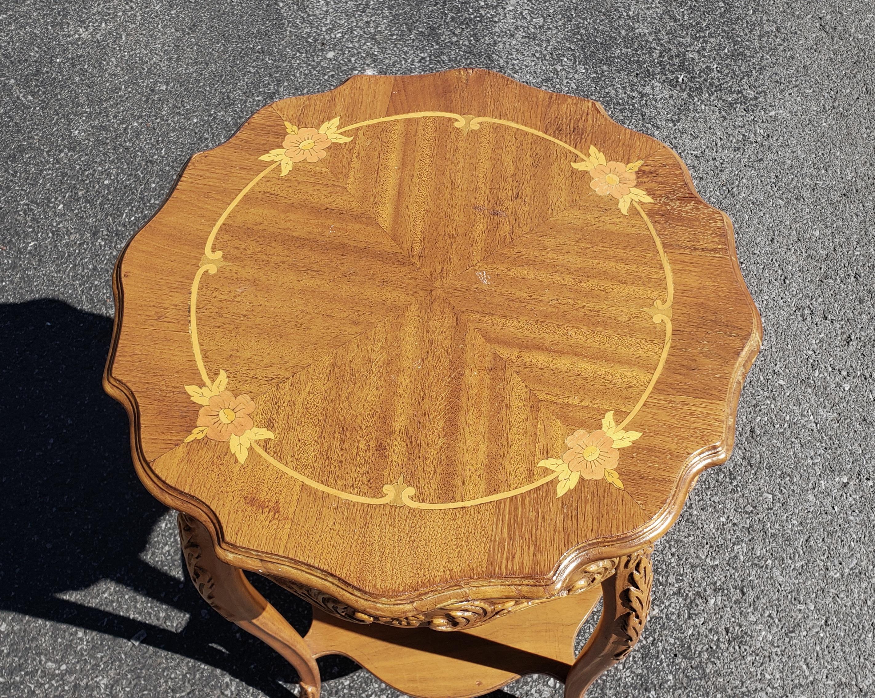 Carved Italian Rococo Revival Marquetry Fruitwood Side Table For Sale