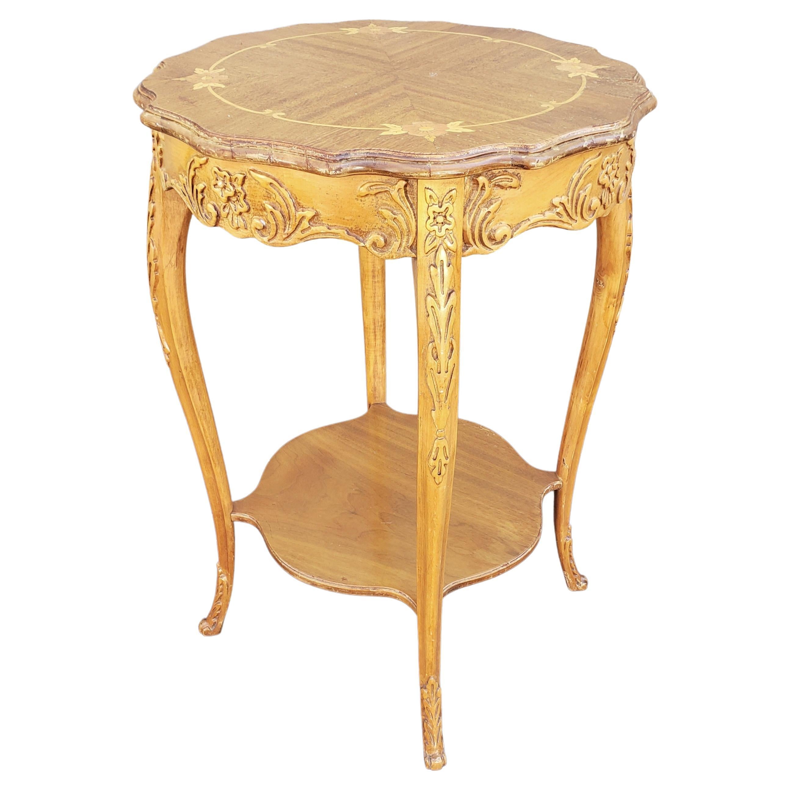 Italian Rococo Revival Marquetry Fruitwood Side Table For Sale
