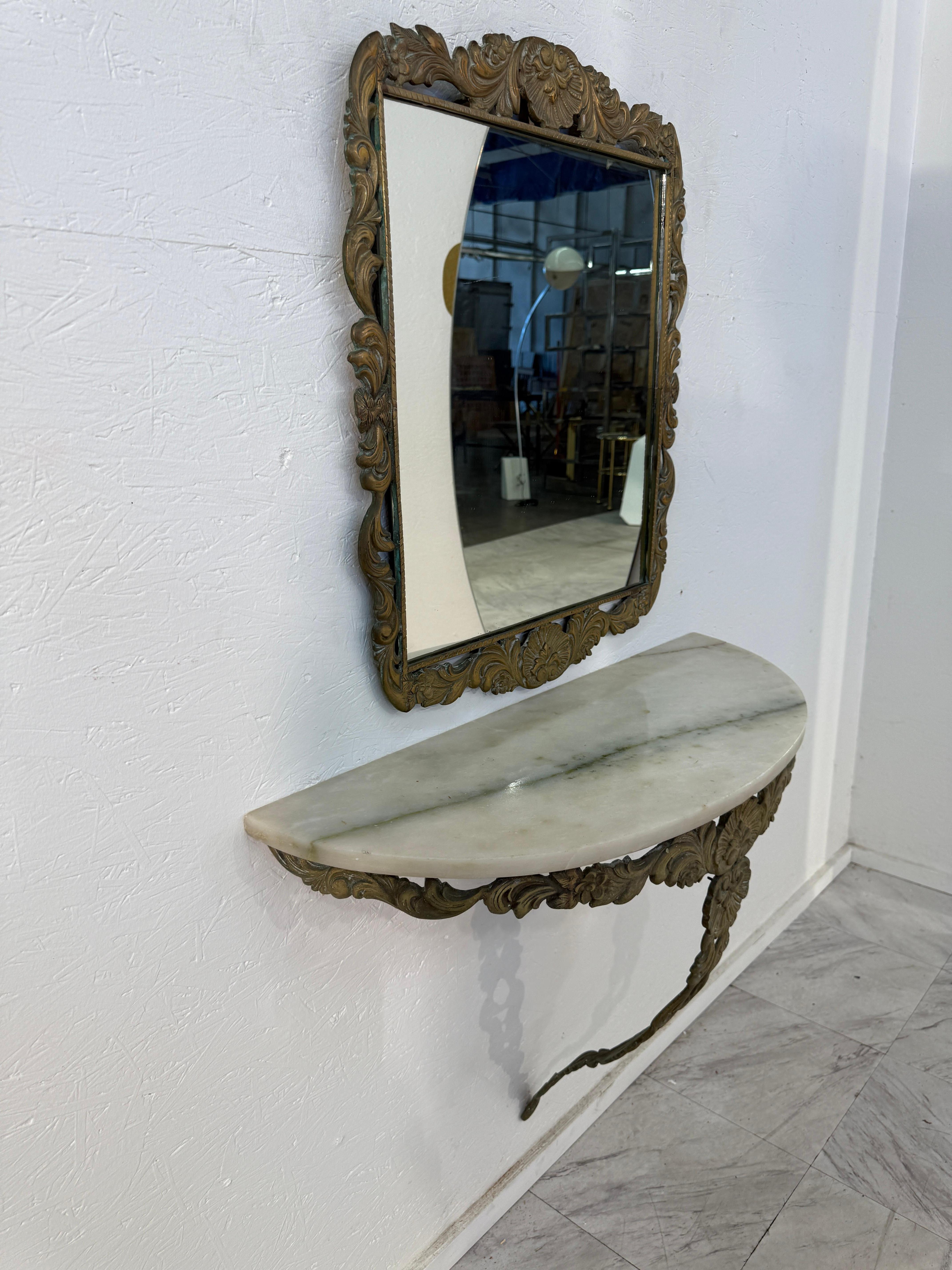 Modern Italian Rococo Revival Mirror and Console Set with Marble Top, 1950s For Sale