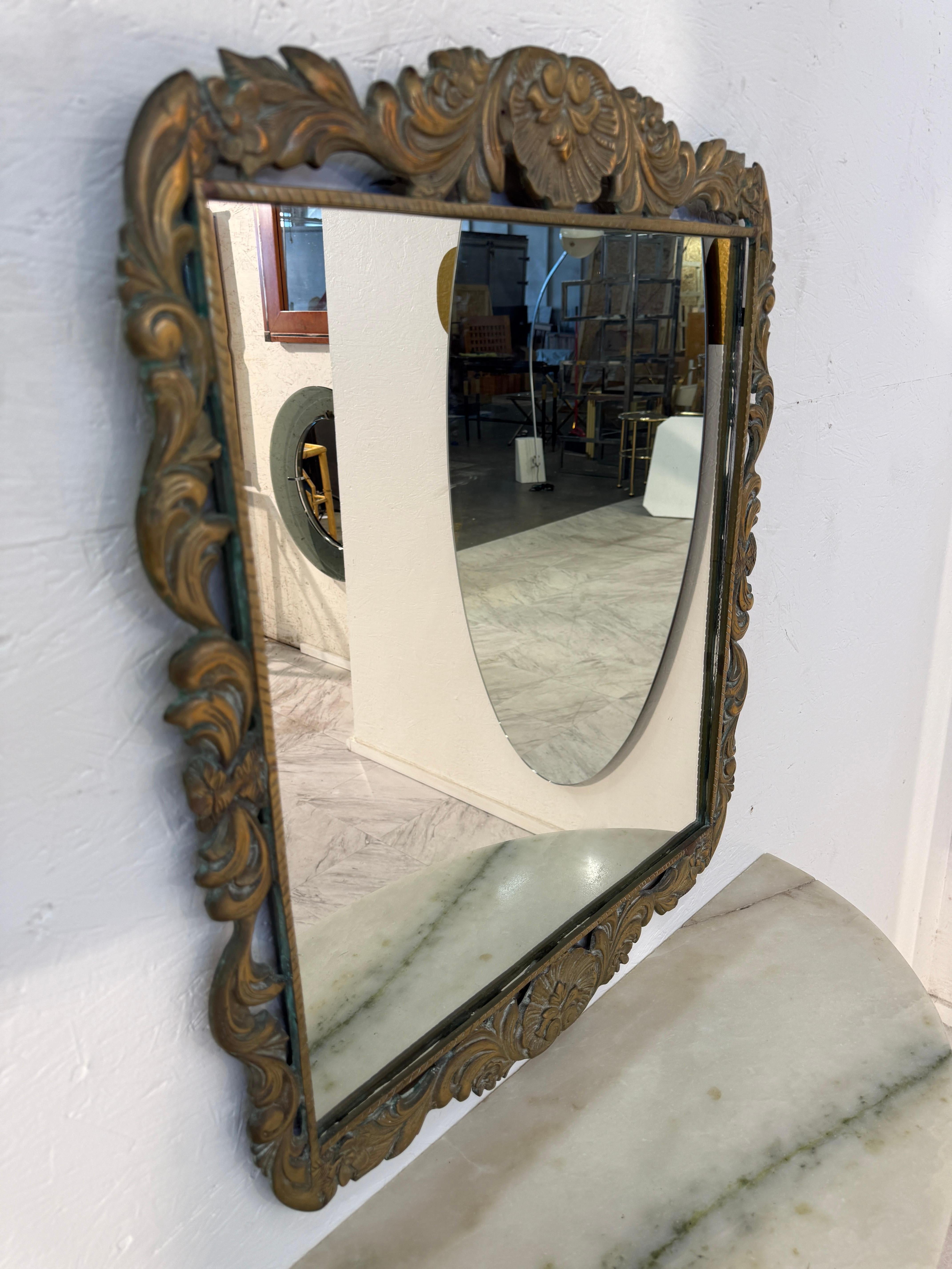 Brass Italian Rococo Revival Mirror and Console Set with Marble Top, 1950s For Sale