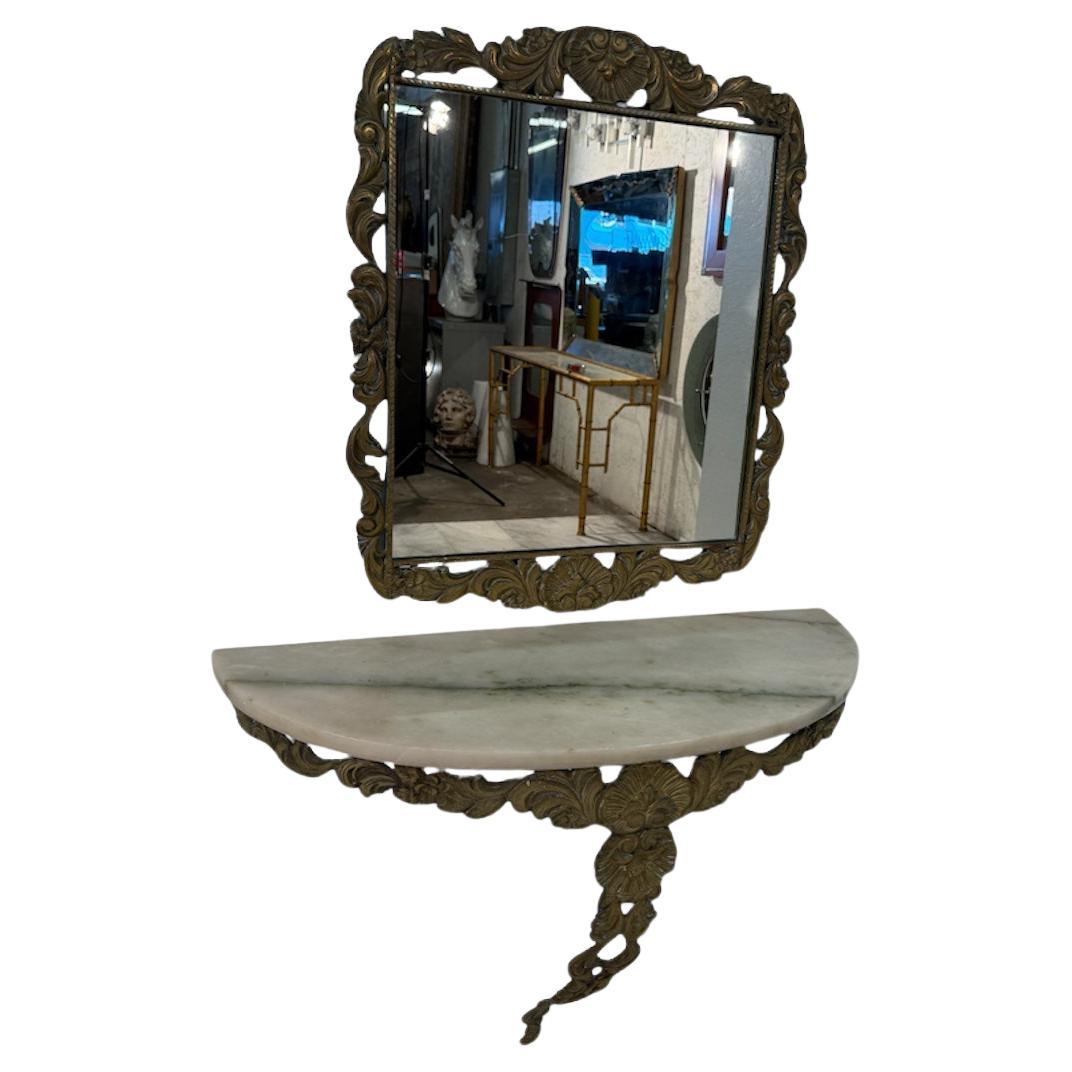 Italian Rococo Revival Mirror and Console Set with Marble Top, 1950s For Sale