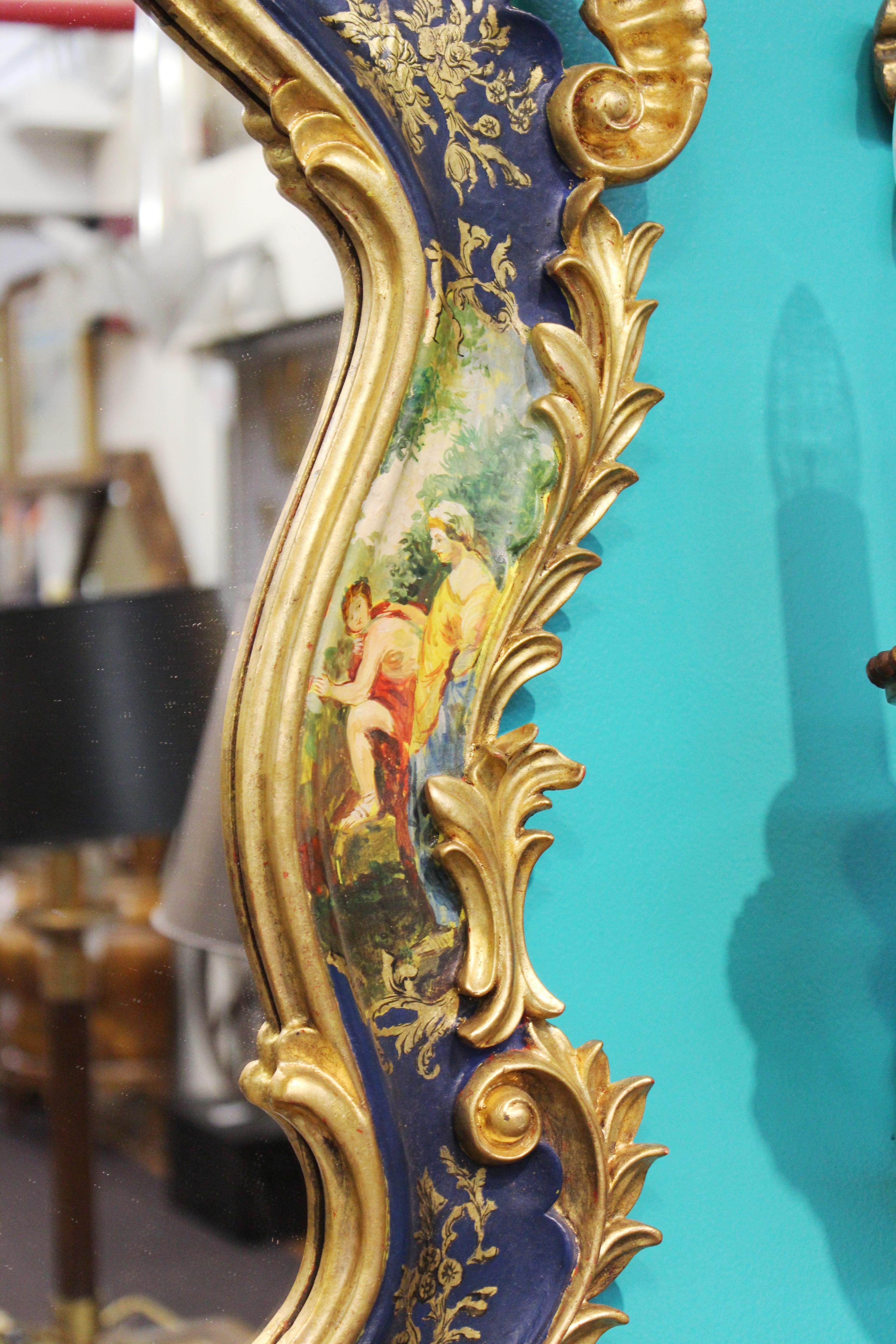 Italian Rococo Revival Style Giltwood Hand Painted Wall Mirror In Good Condition In New York, NY