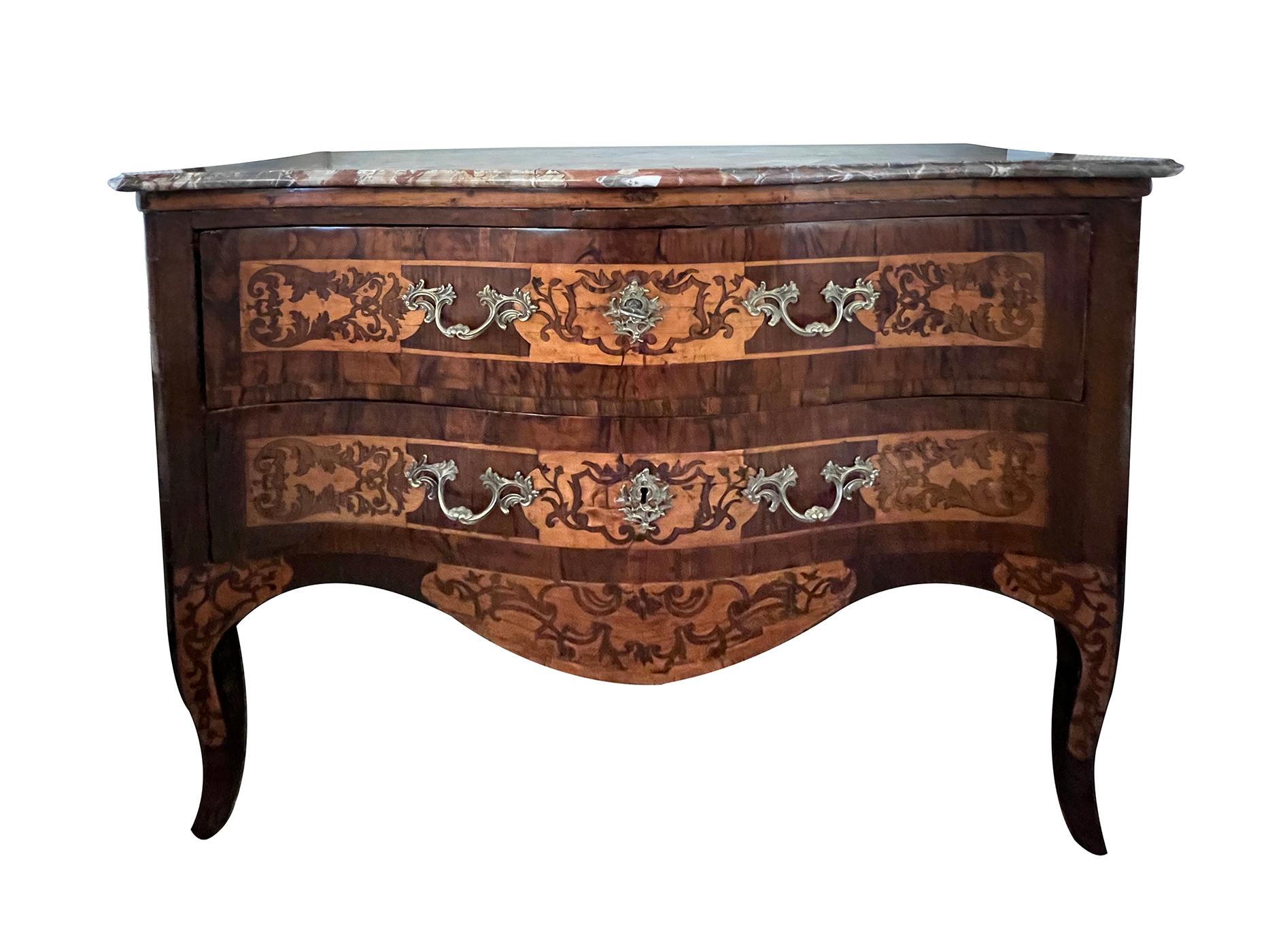 Italian Rococo Serpentine Form 2-Drawer Inlaid Chest with Marble Top In Good Condition For Sale In San Francisco, CA