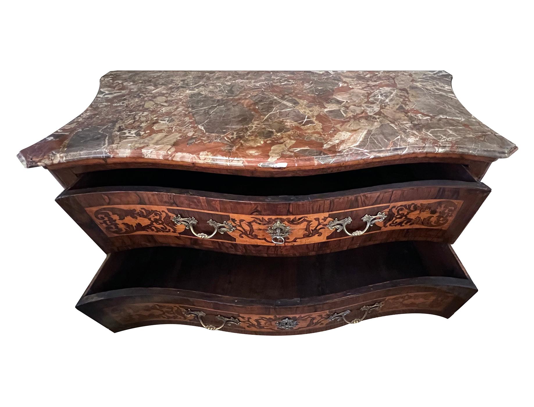 18th Century Italian Rococo Serpentine Form 2-Drawer Inlaid Chest with Marble Top For Sale