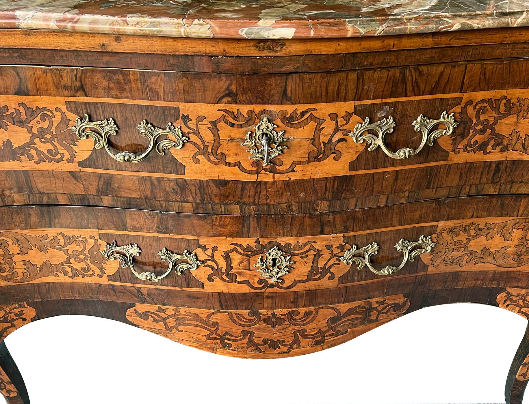 Italian Rococo Serpentine Form 2-Drawer Inlaid Chest with Marble Top For Sale 2