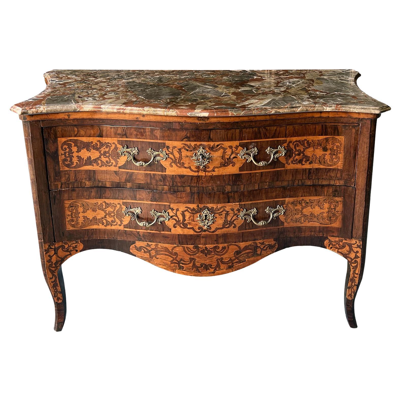 Italian Rococo Serpentine Form 2-Drawer Inlaid Chest with Marble Top For Sale