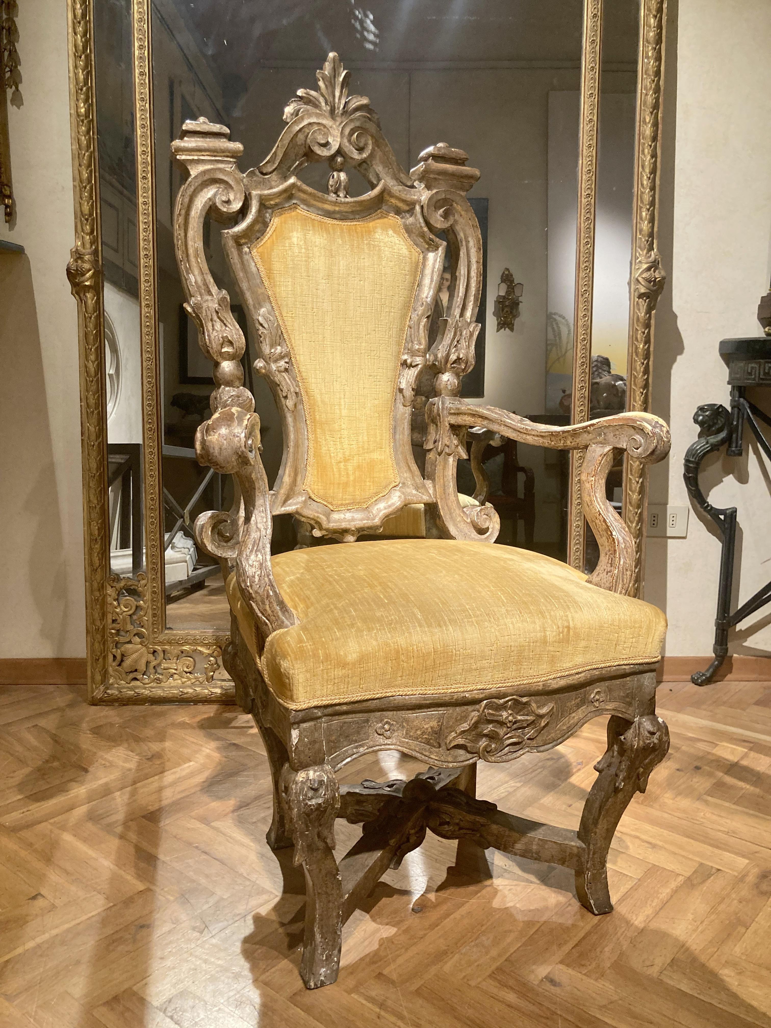 Fauteuil trône baroque italien Mecca en bois doré argenté, Rome 17ème siècle en vente 6
