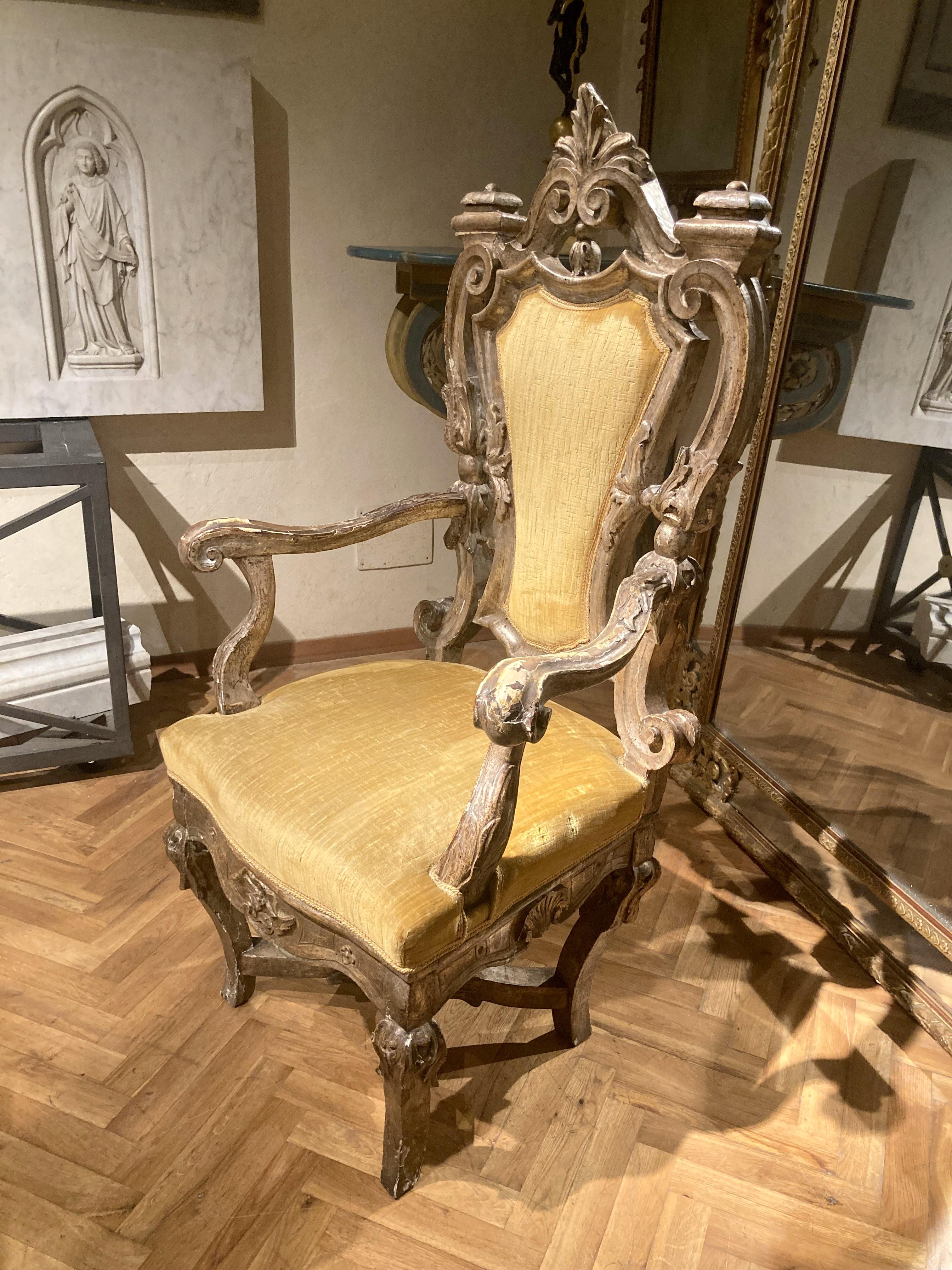 Upholstery Italian Baroque Silver Mecca Giltwood Throne Armchair, Rome 17th Century For Sale