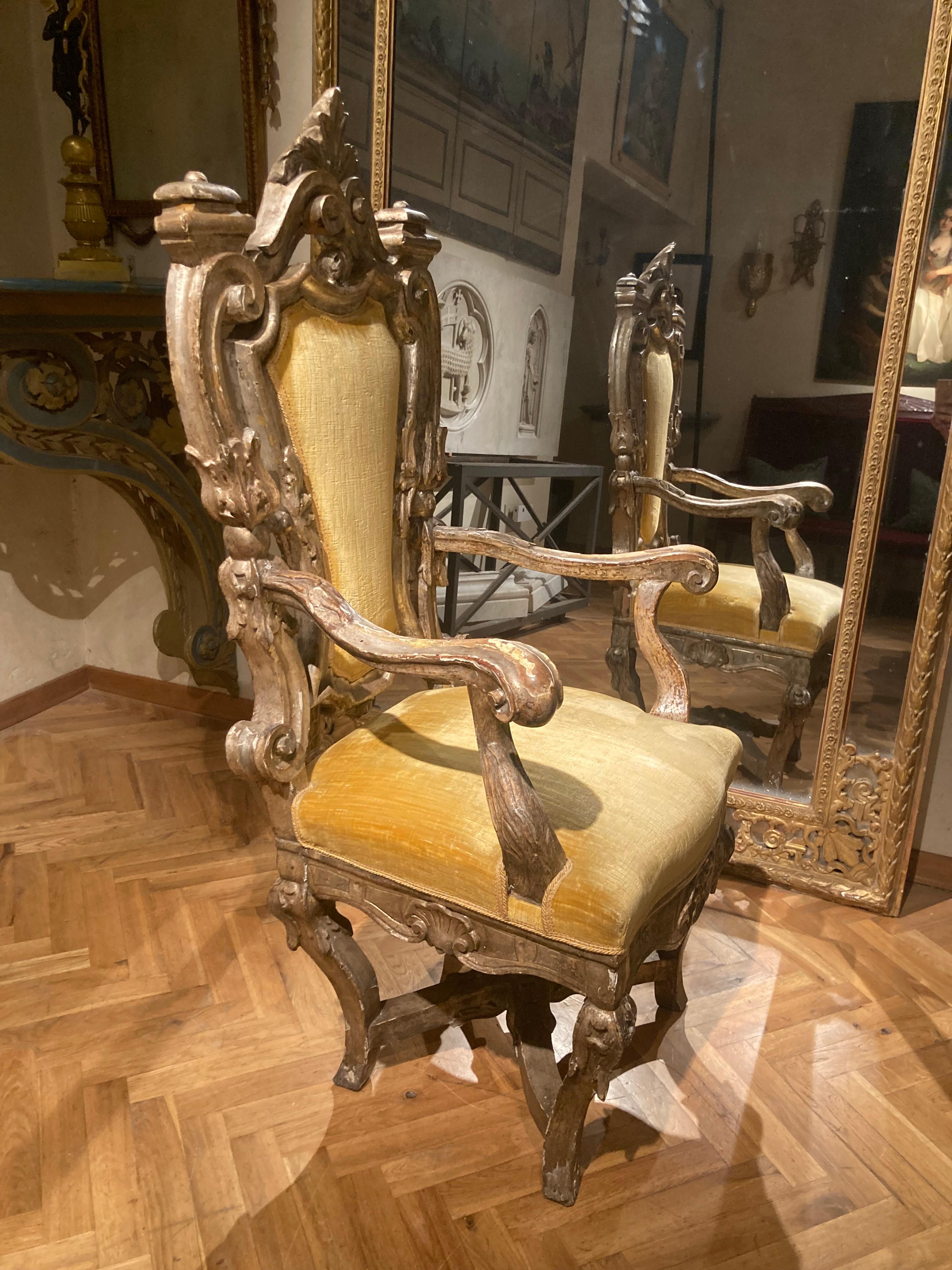 Fauteuil trône baroque italien Mecca en bois doré argenté, Rome 17ème siècle en vente 2