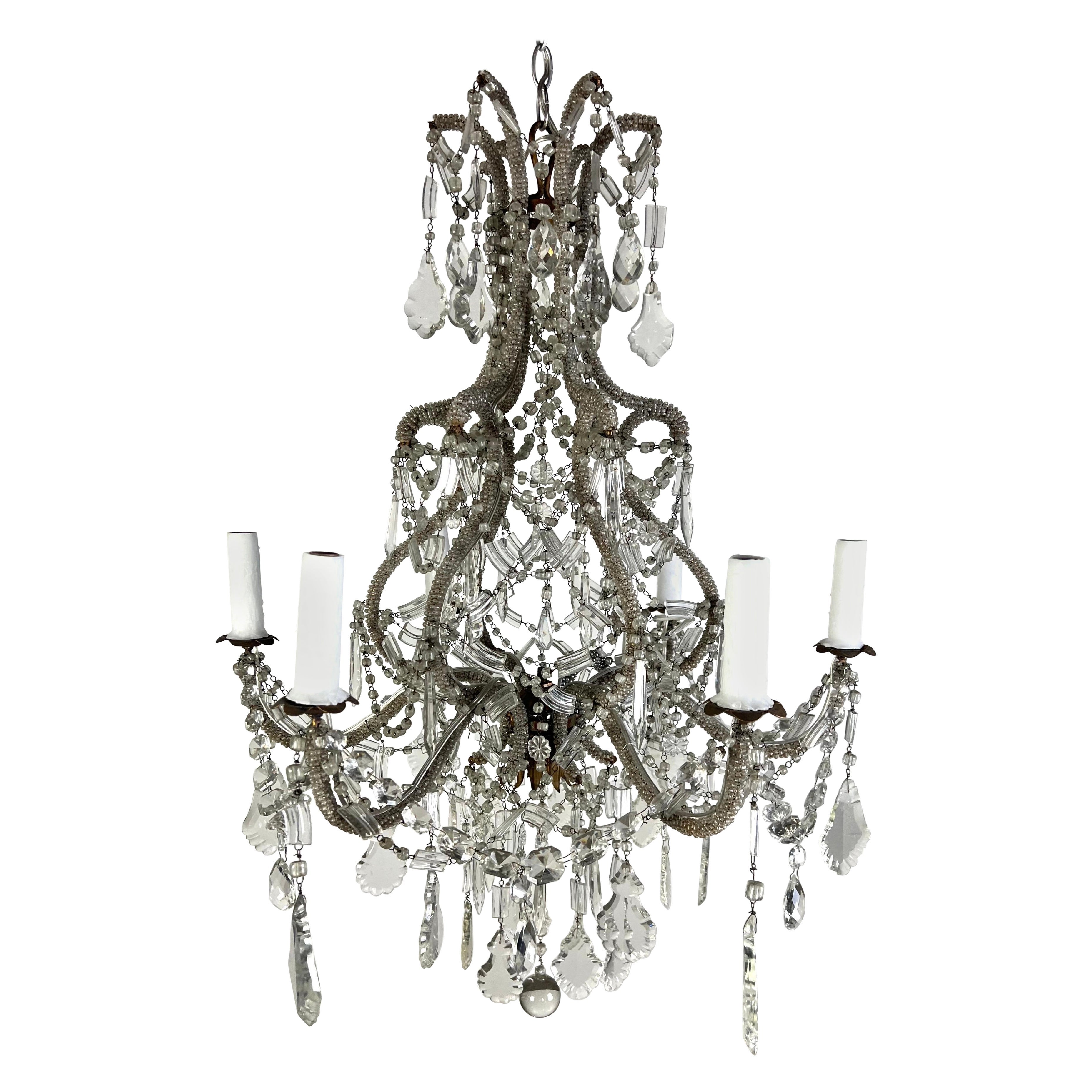 Italian Rococo Six-Light Crystal Beaded Chandelier, Metal Frame, 1930s