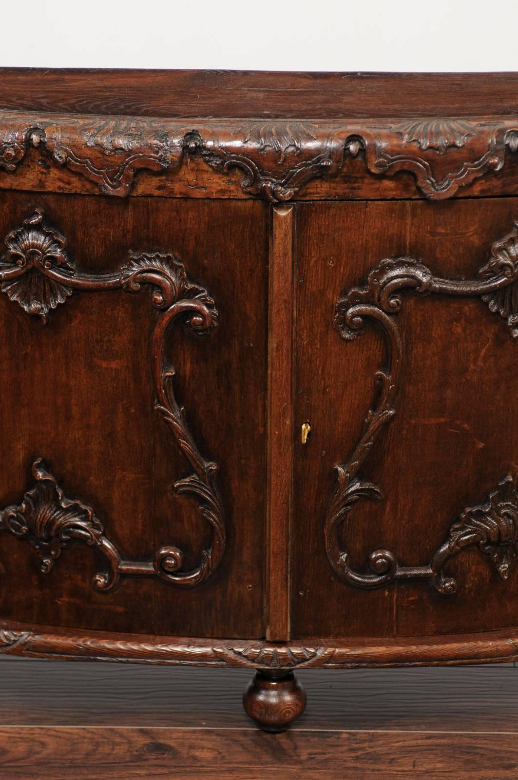 19th Century Italian Rococo Style 1800s Hand-Carved Oak Demi-Lune Cabinet with Cartouches