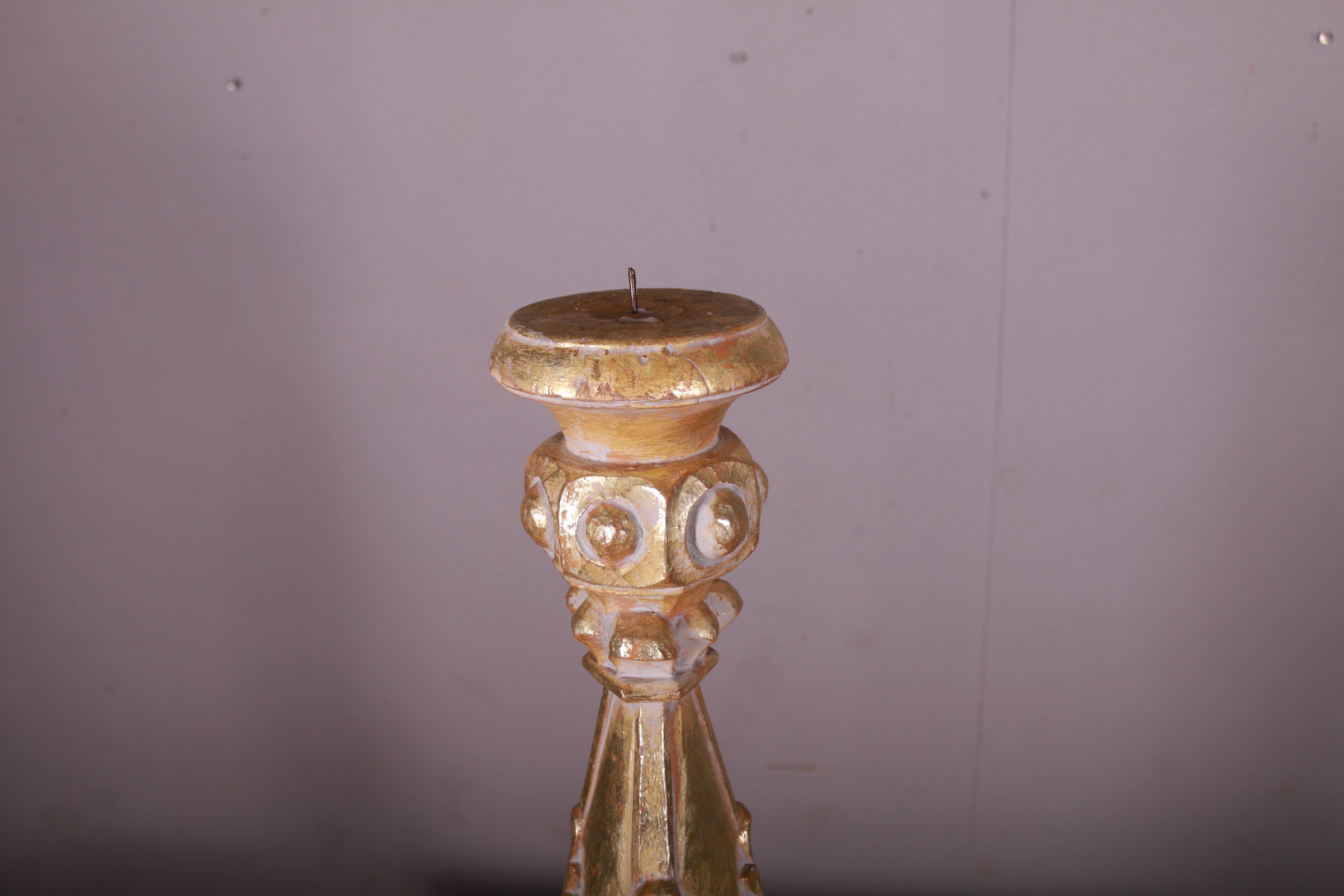 19th Century Italian Rococo Style 1890s Giltwood Painted Candlestick with Carved Scrolls For Sale