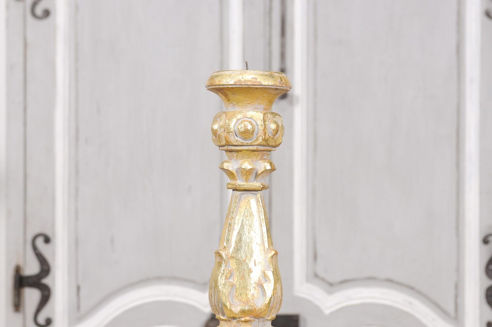 Wood Italian Rococo Style 1890s Giltwood Painted Candlestick with Carved Scrolls For Sale