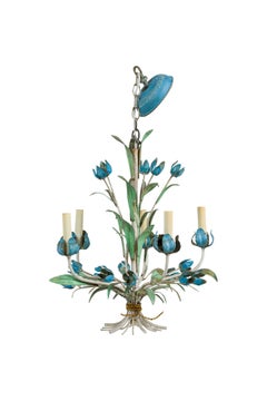 Italian Rococo Style Blue Tulips Tole Chandelier