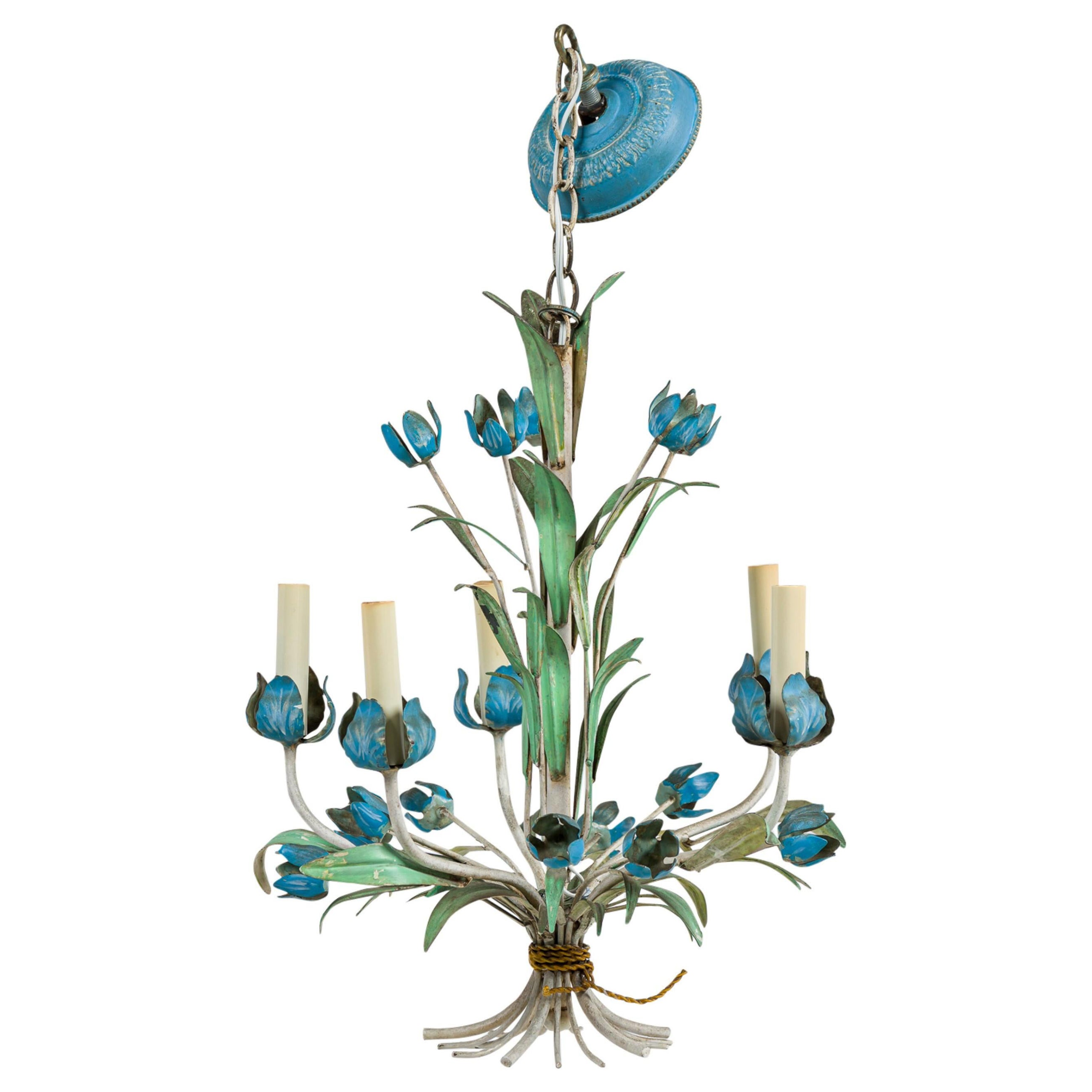 Italian Rococo Style Blue Tulips Tole Chandelier For Sale