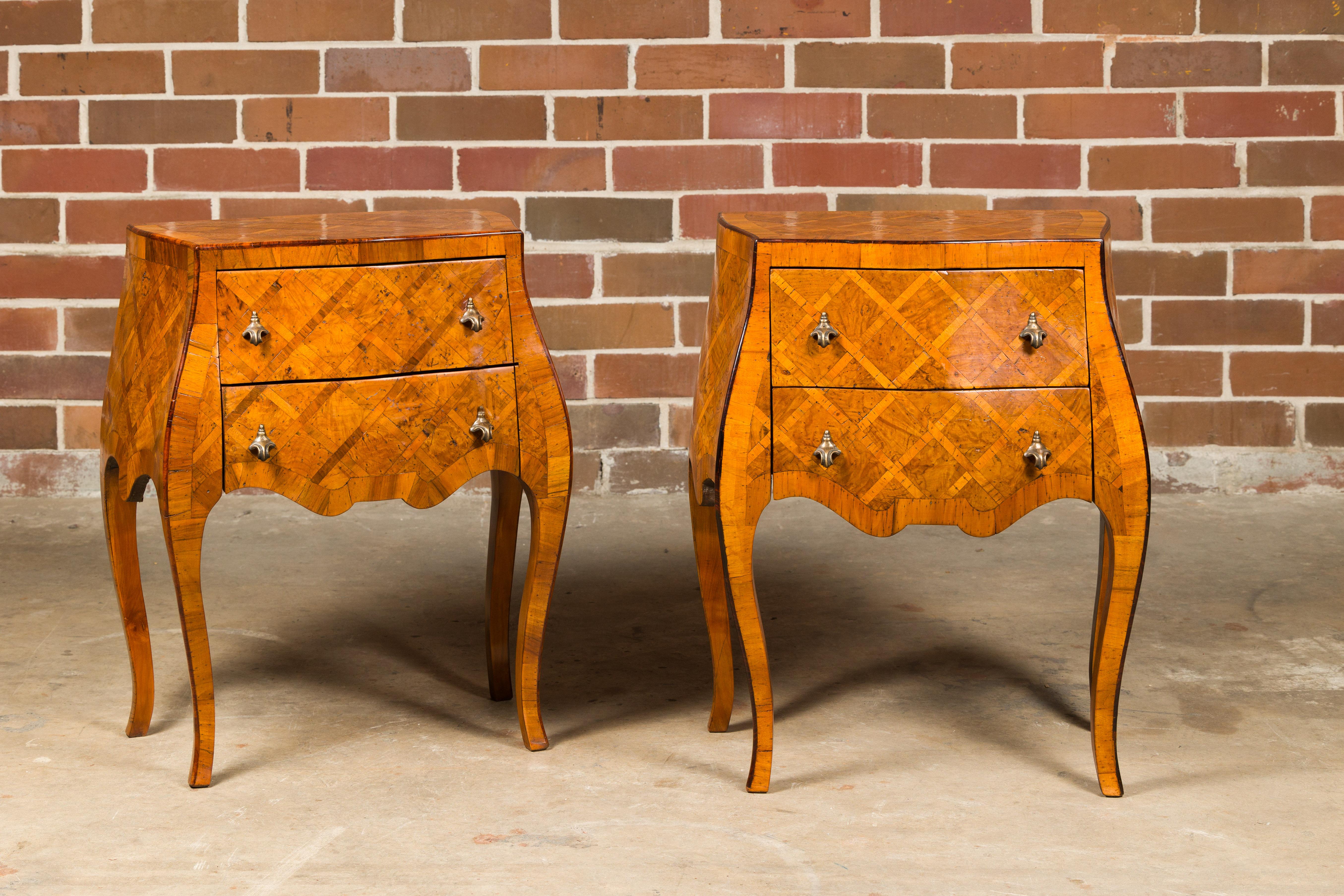 Carved Italian Rococo Style Burl Wood Marquetry Bedside Chests with Cabriole Legs For Sale