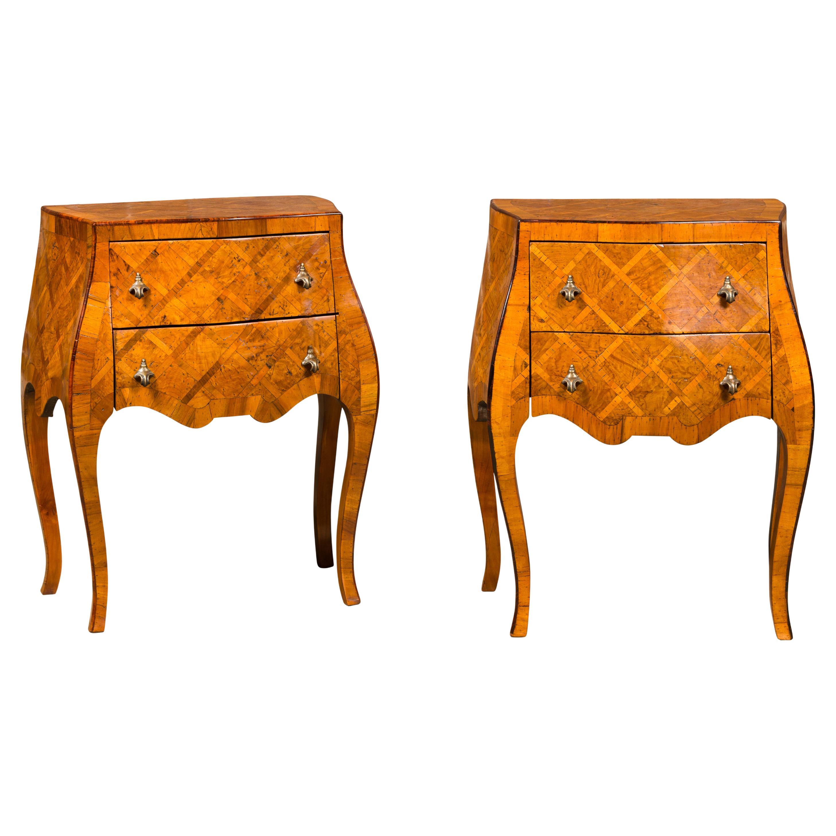 Italian Rococo Style Burl Wood Marquetry Bedside Chests with Cabriole Legs For Sale