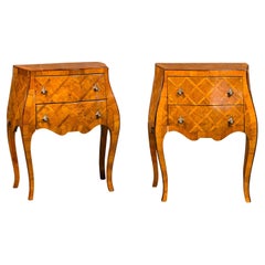 Italian Rococo Style Burl Wood Marquetry Bedside Chests with Cabriole Legs