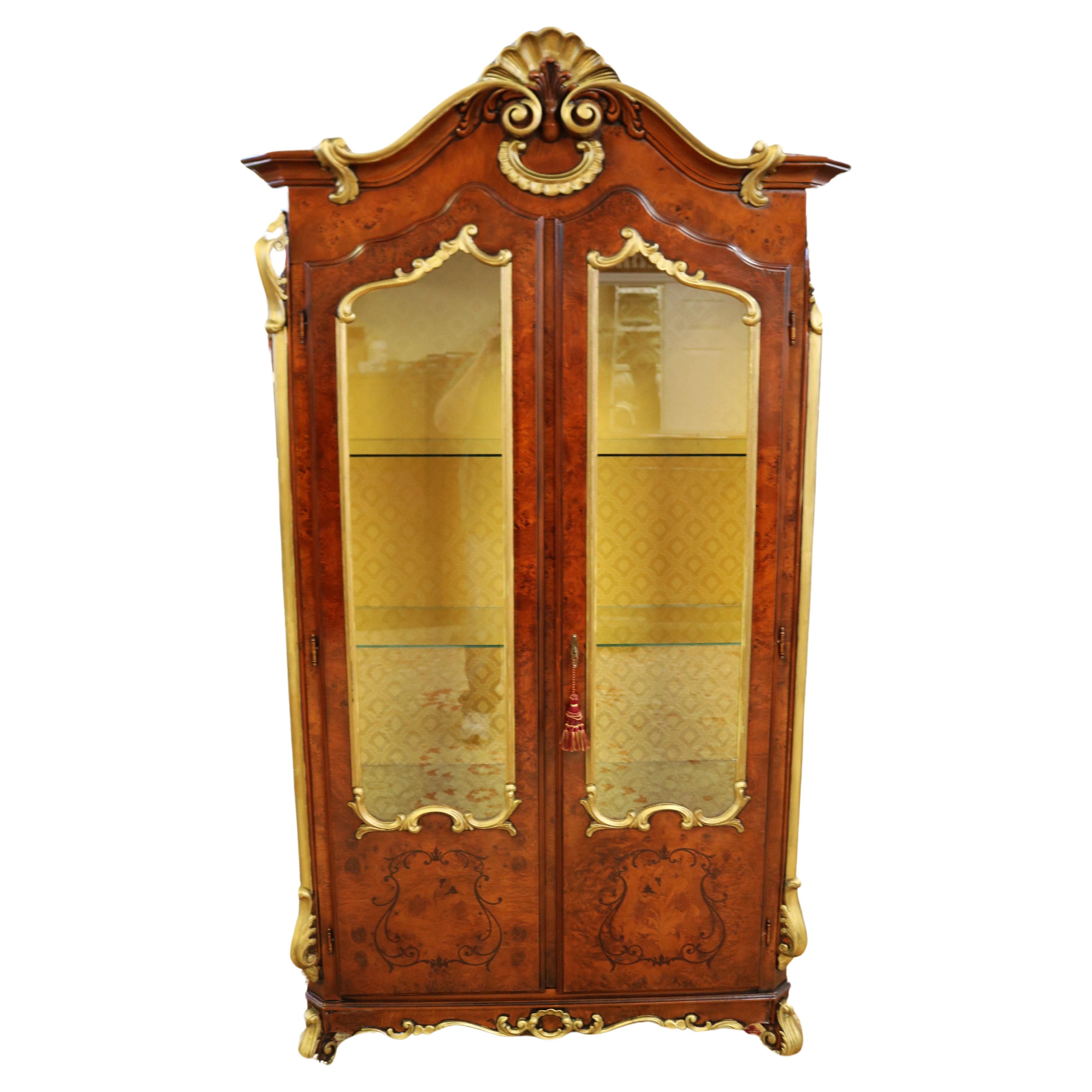 Italian Rococo Style Burled Walnut & Gold Display China Cabinet For Sale