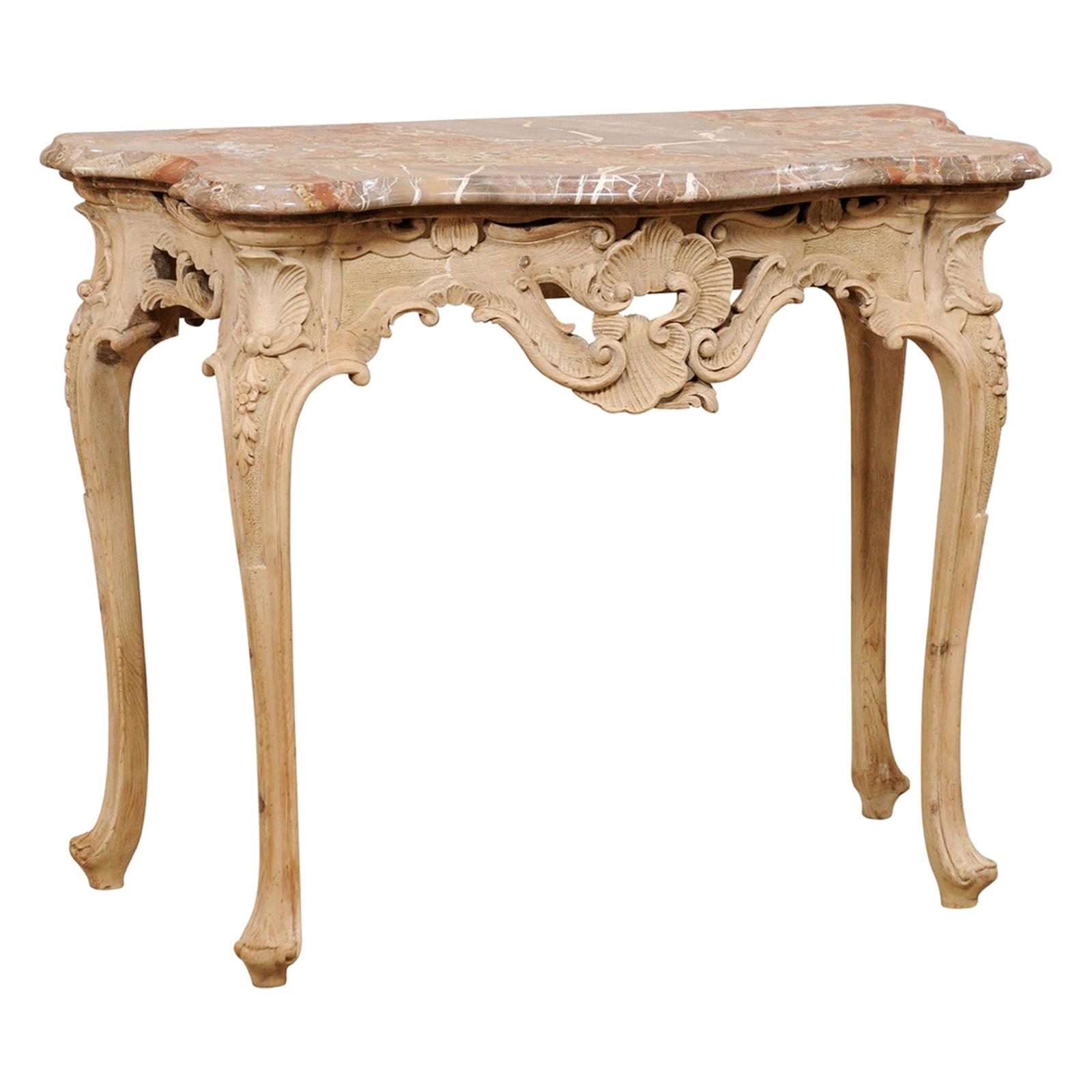 Italian Rococo-Style Carved & Bleached Console Table W/ Original Marble Top  