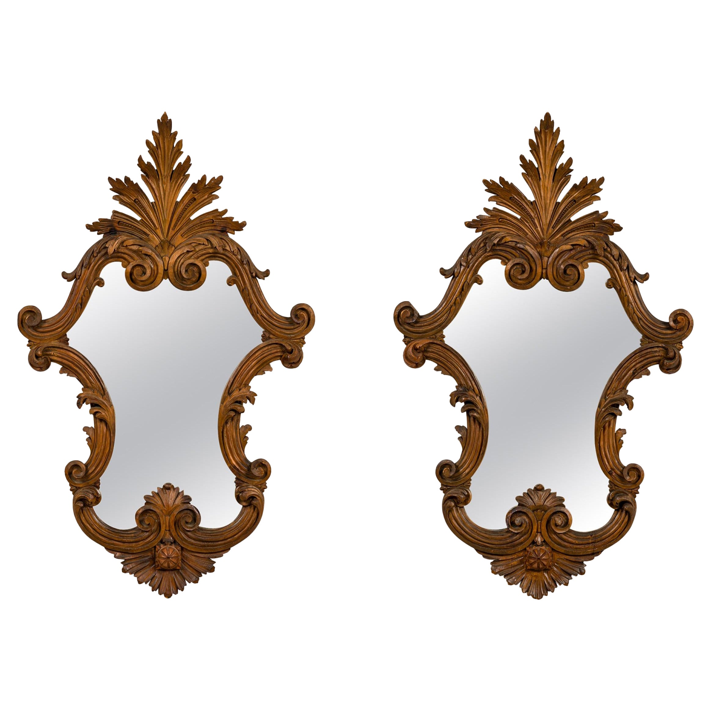 Italian Rococo Style Carved Cartouche Form Fruitwood Wall Mirrors