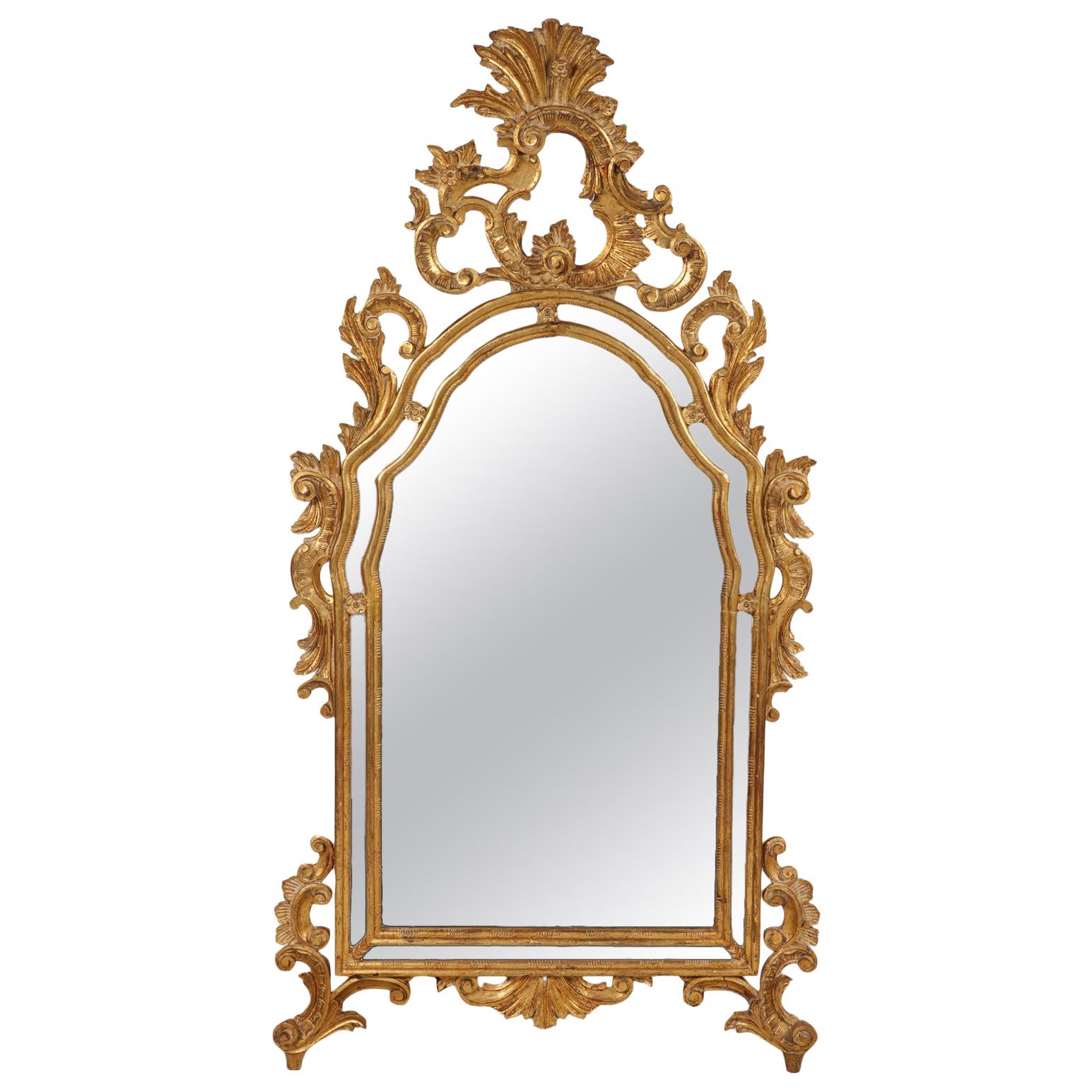 Italian Rococo Style Carved Giltwood Mirror with Mirrored Panels, circa 1940