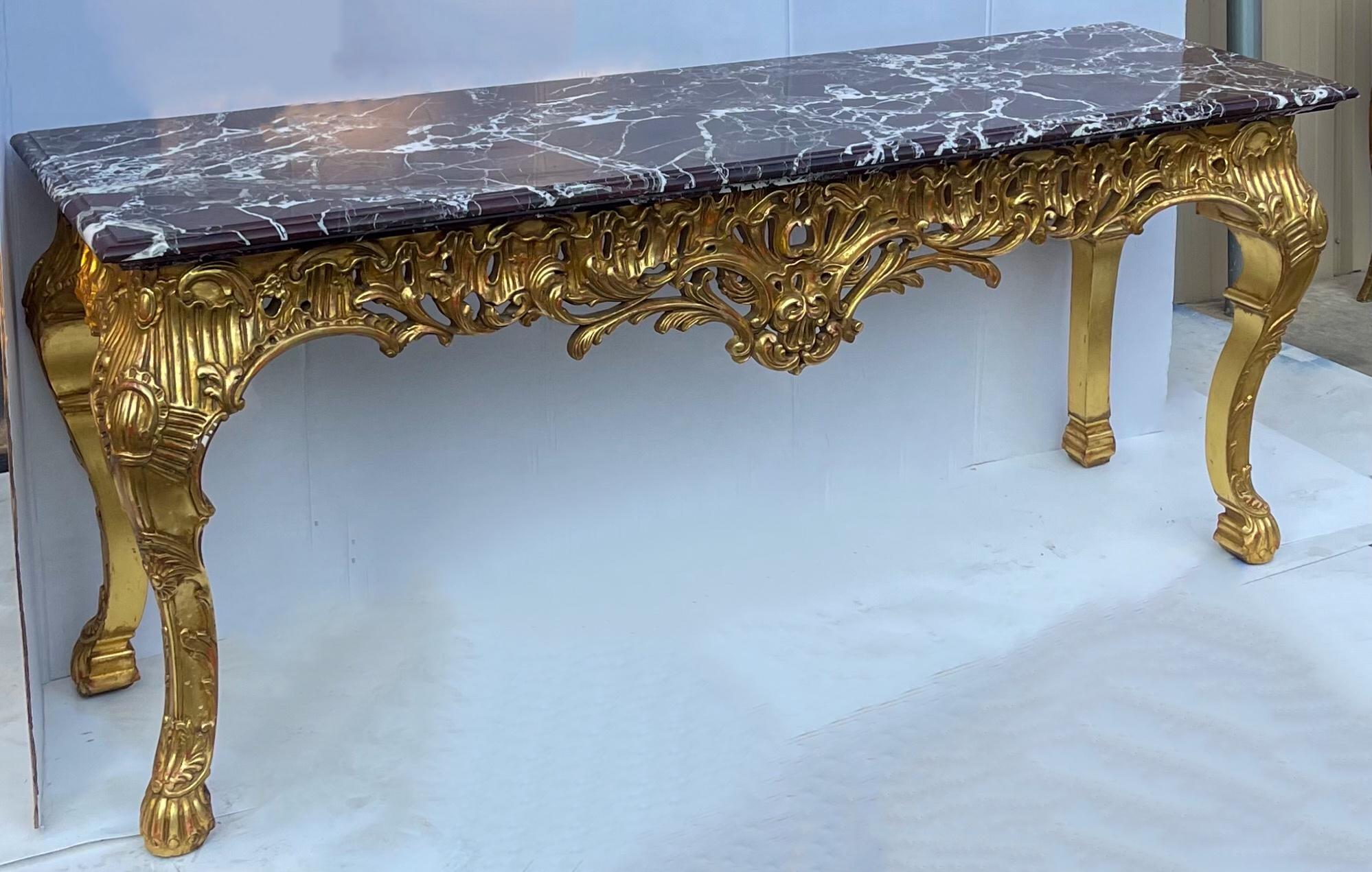 Mid-20th Century Italian Rococo Style Carved Giltwood Rouge Marble Top Console Table- 2 Available For Sale