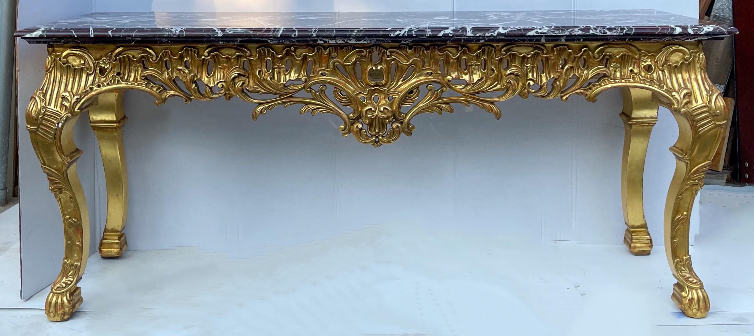 Italian Rococo Style Carved Giltwood Rouge Marble Top Console Table- 2 Available For Sale 2