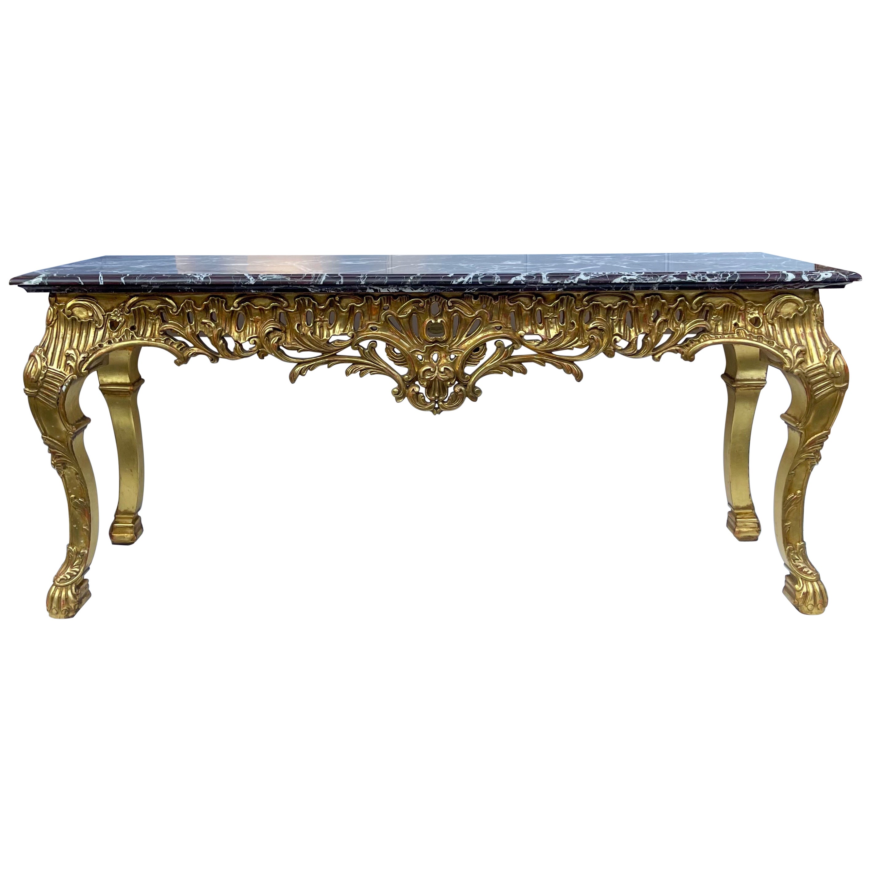 Console italienne de style rococo en bois doré sculpté avec plateau en marbre rouge - 2 disponibles