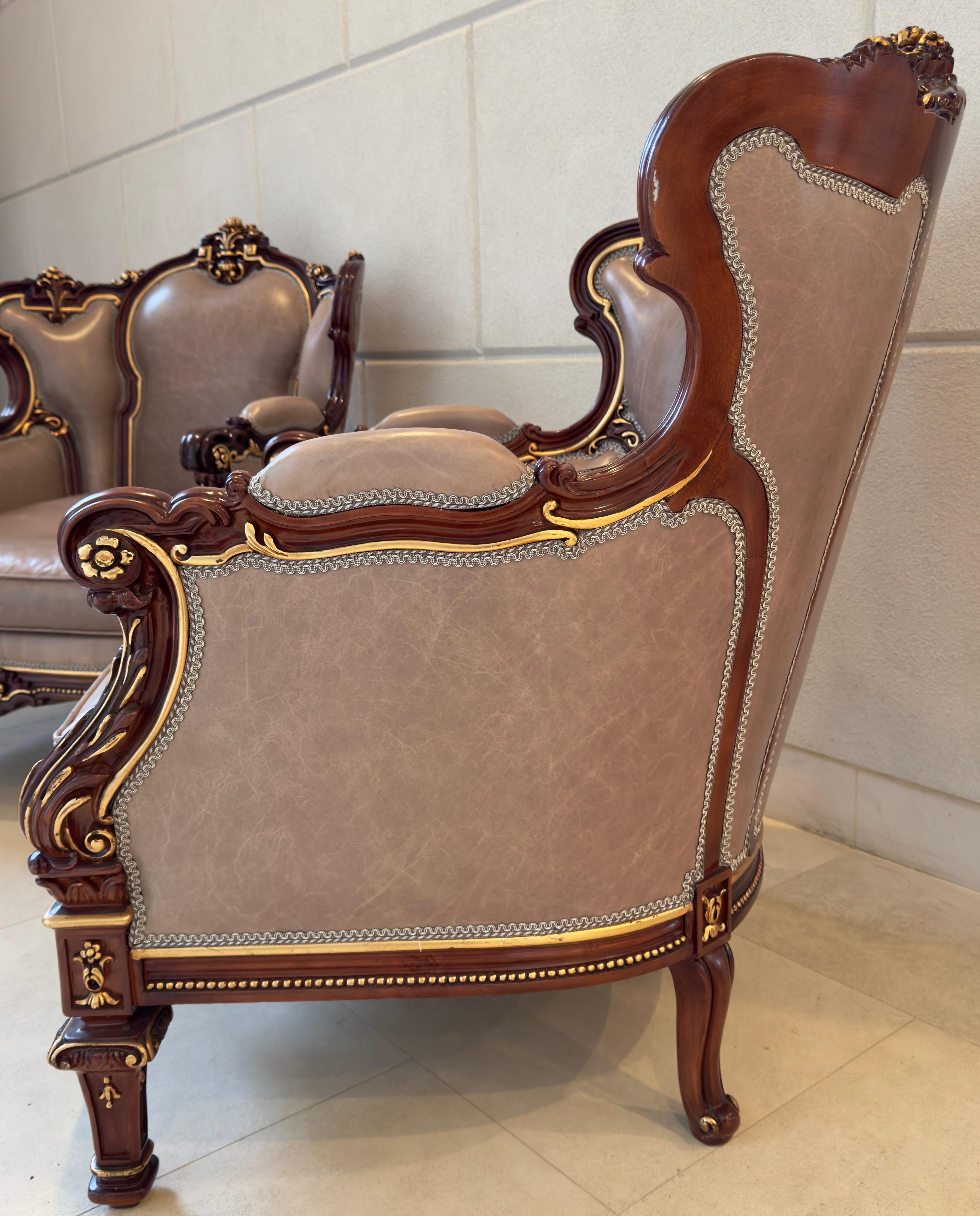 Italian Rococo Style Carved Wood Bergere chair with Leather upholstery, a Pair For Sale 6